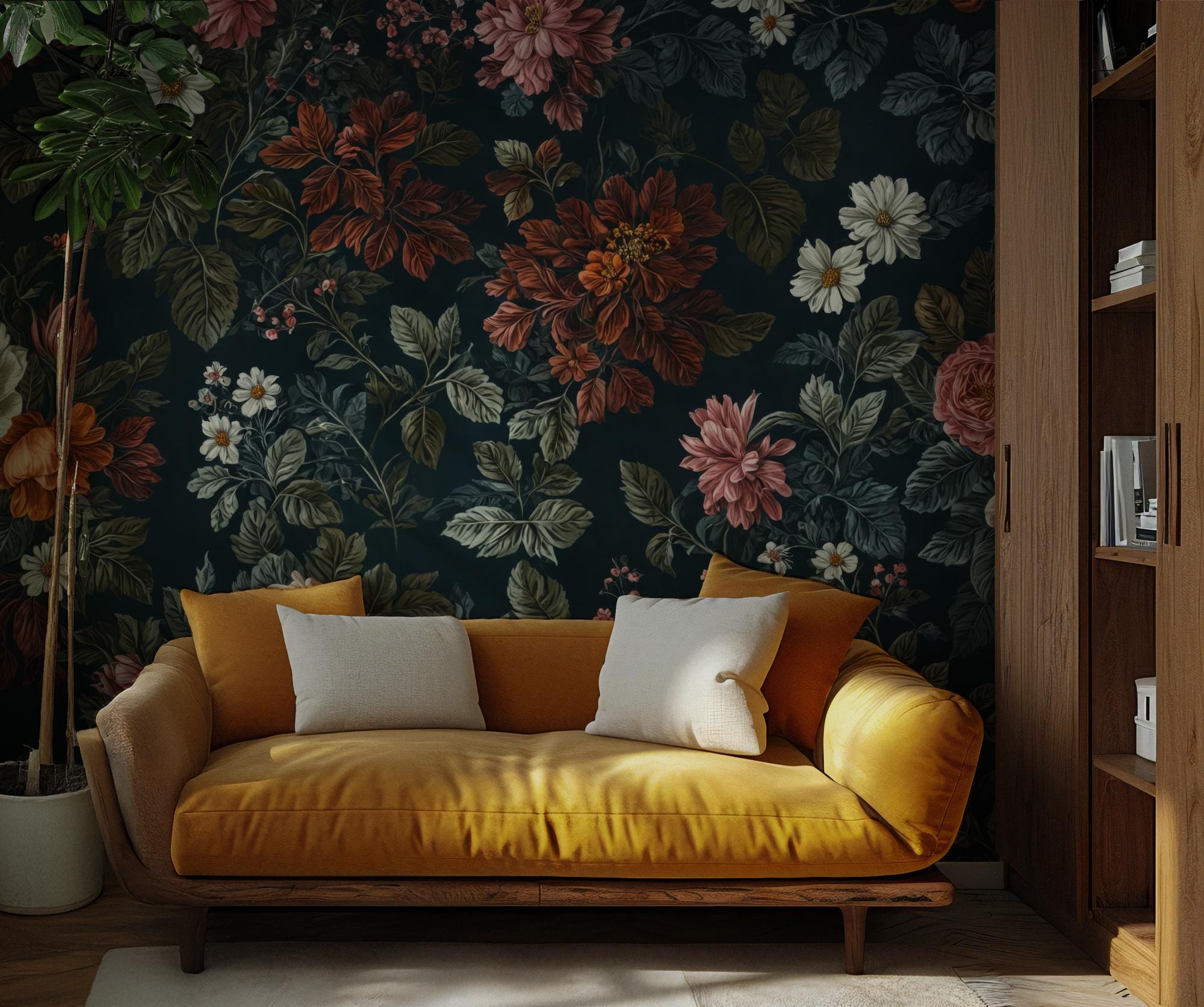Dark Floral Peony & Rose Wallpaper: Botanical Peel and Stick Wall Mural - View 4