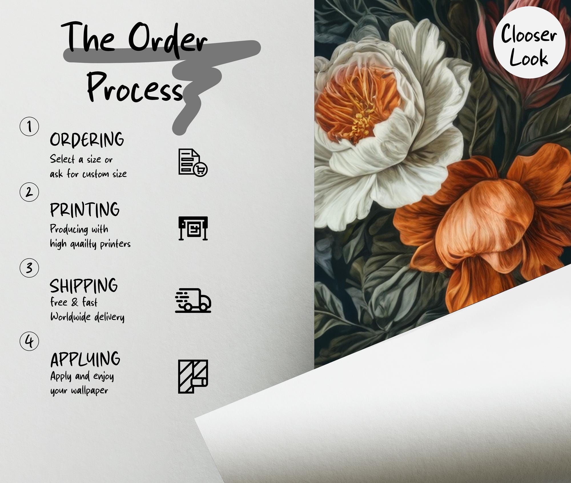 Dark Floral Peony & Rose Wallpaper: Botanical Peel and Stick Wall Mural - View 5