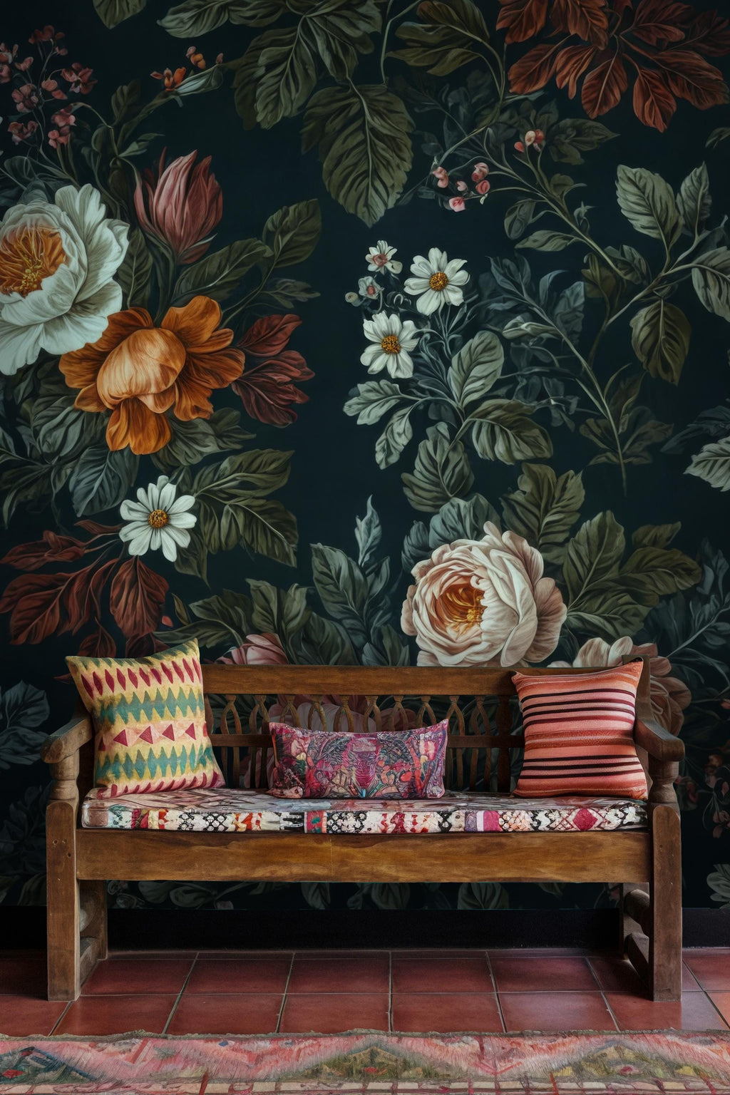 Dark Floral Peony & Rose Wallpaper: Botanical Peel and Stick Wall Mural - View 3