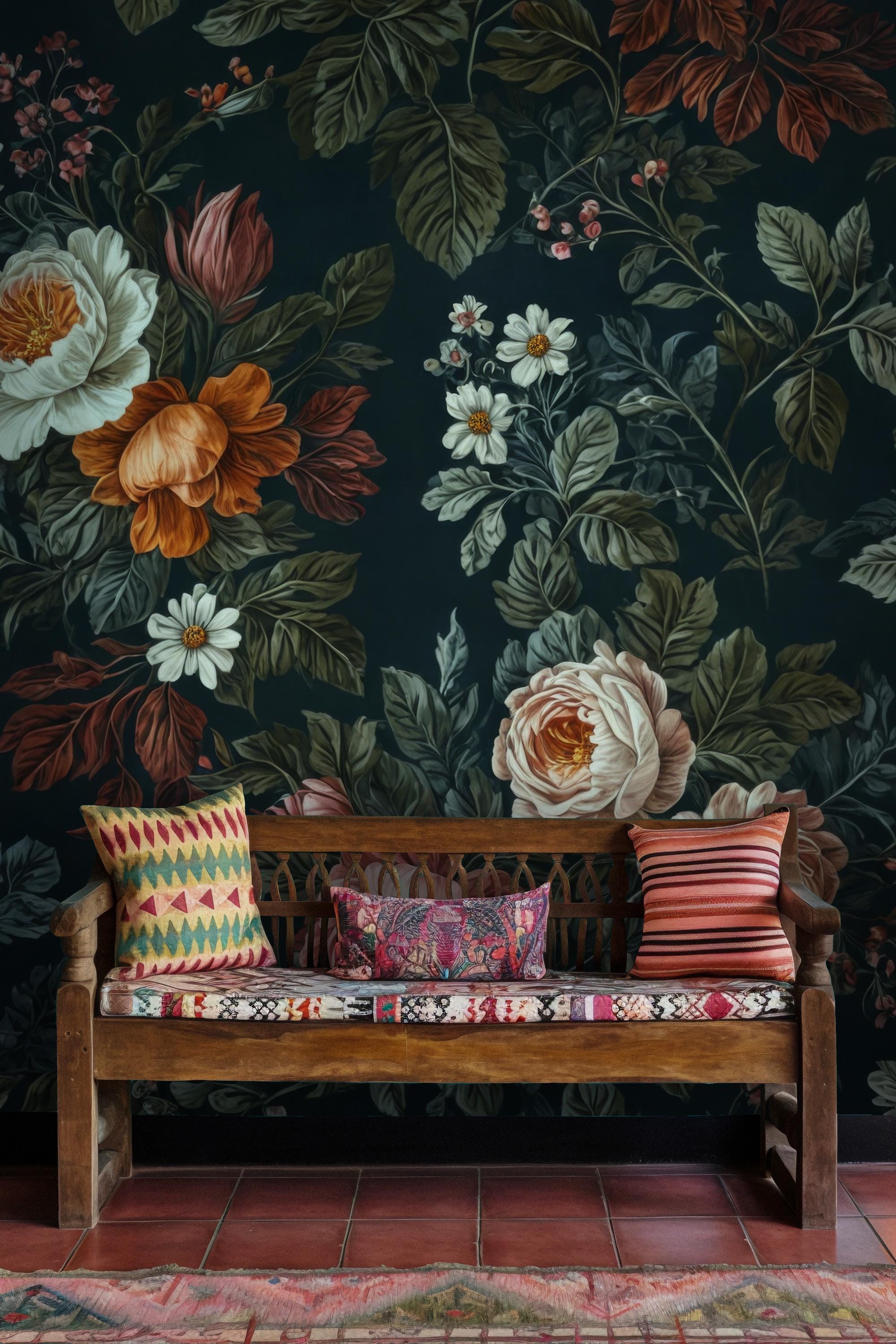 Dark Floral Peony & Rose Wallpaper: Botanical Peel and Stick Wall Mural - View 3