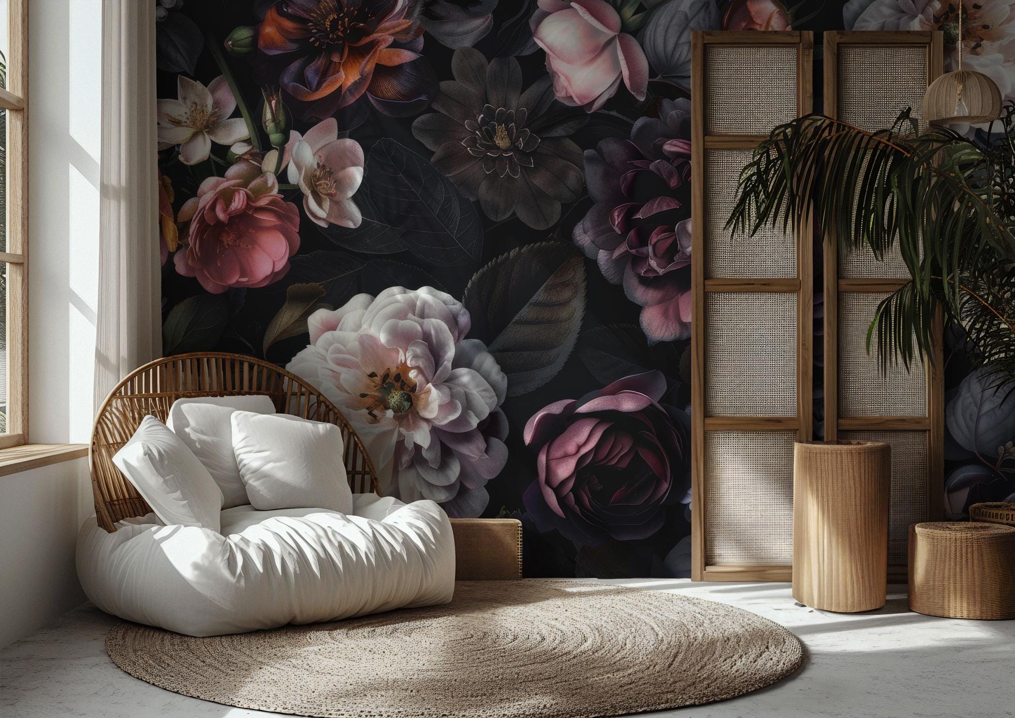 Moody Floral Peel and Stick Bold Wallpaper, Statement Wall Mural, Dark Cottagecore Deco - View 3