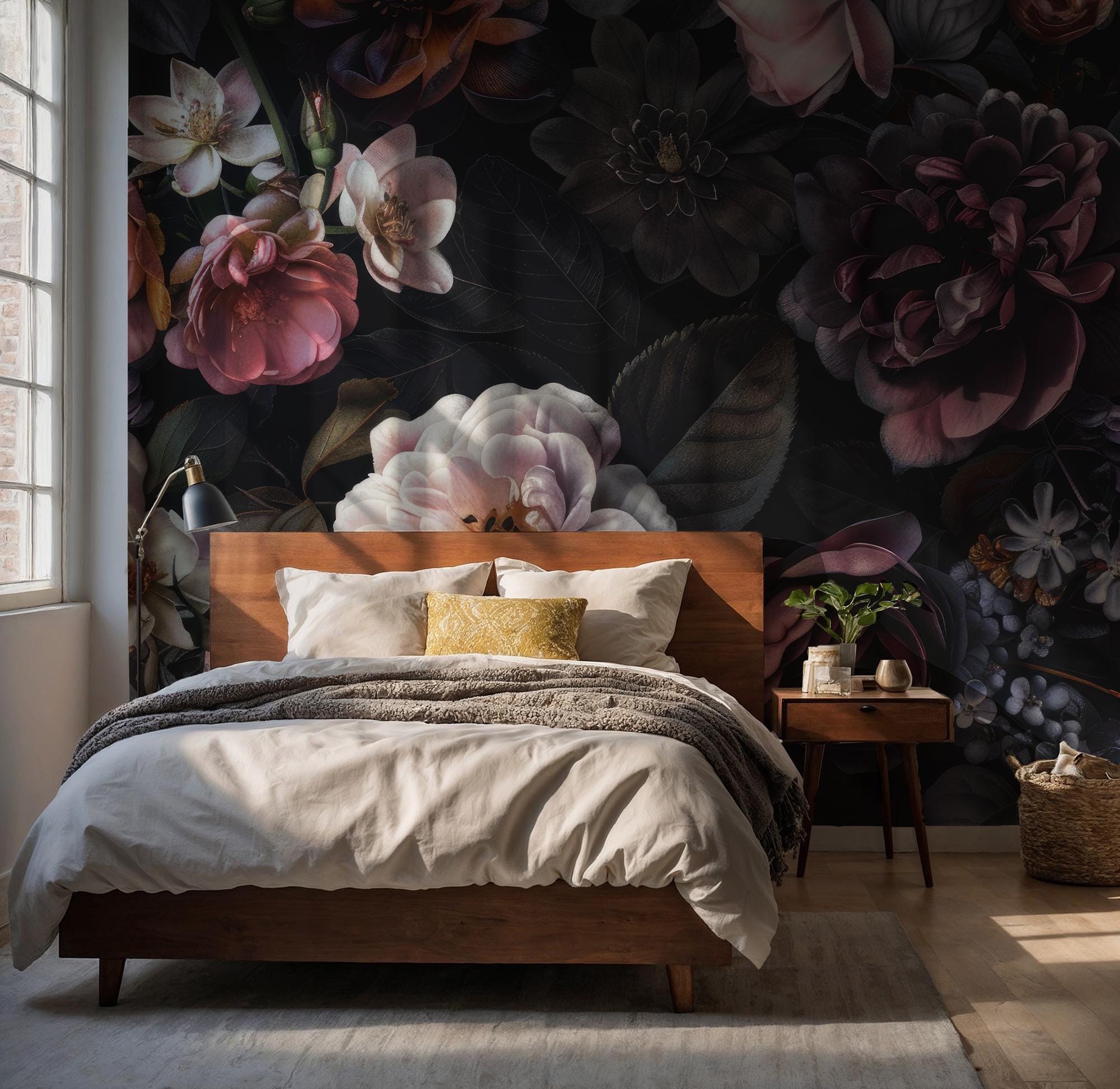 Moody Floral Peel and Stick Bold Wallpaper, Statement Wall Mural, Dark Cottagecore Deco - View 2