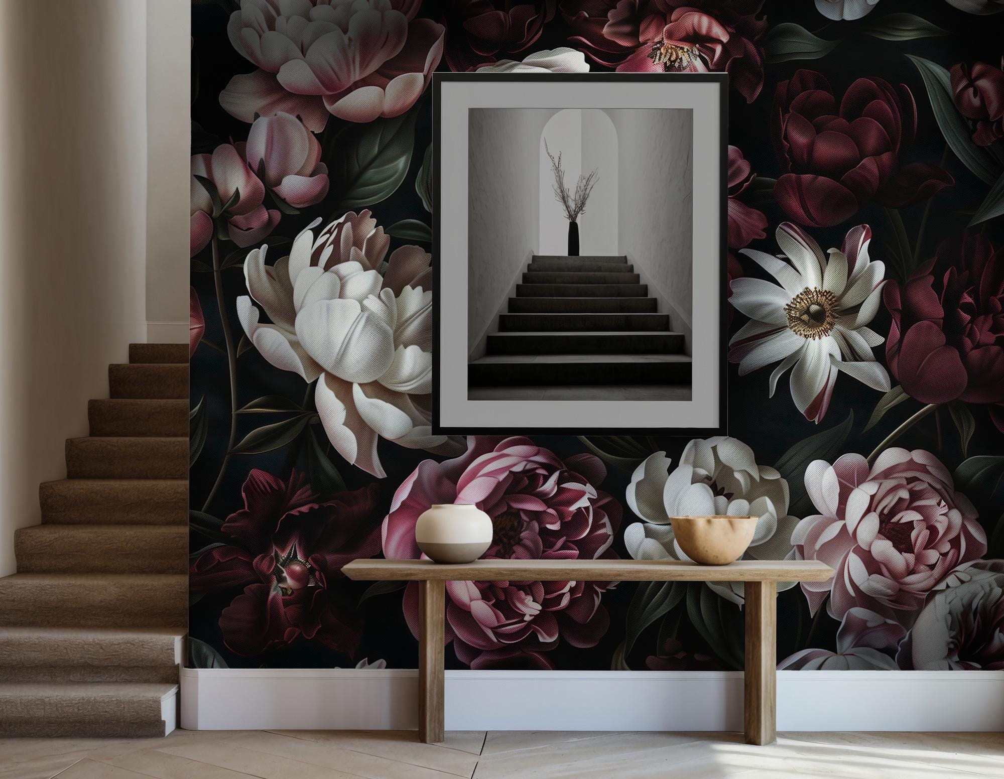Dark Floral Wall Mural, Vintage Botanical Peel and Stick Wallpaper - View 2