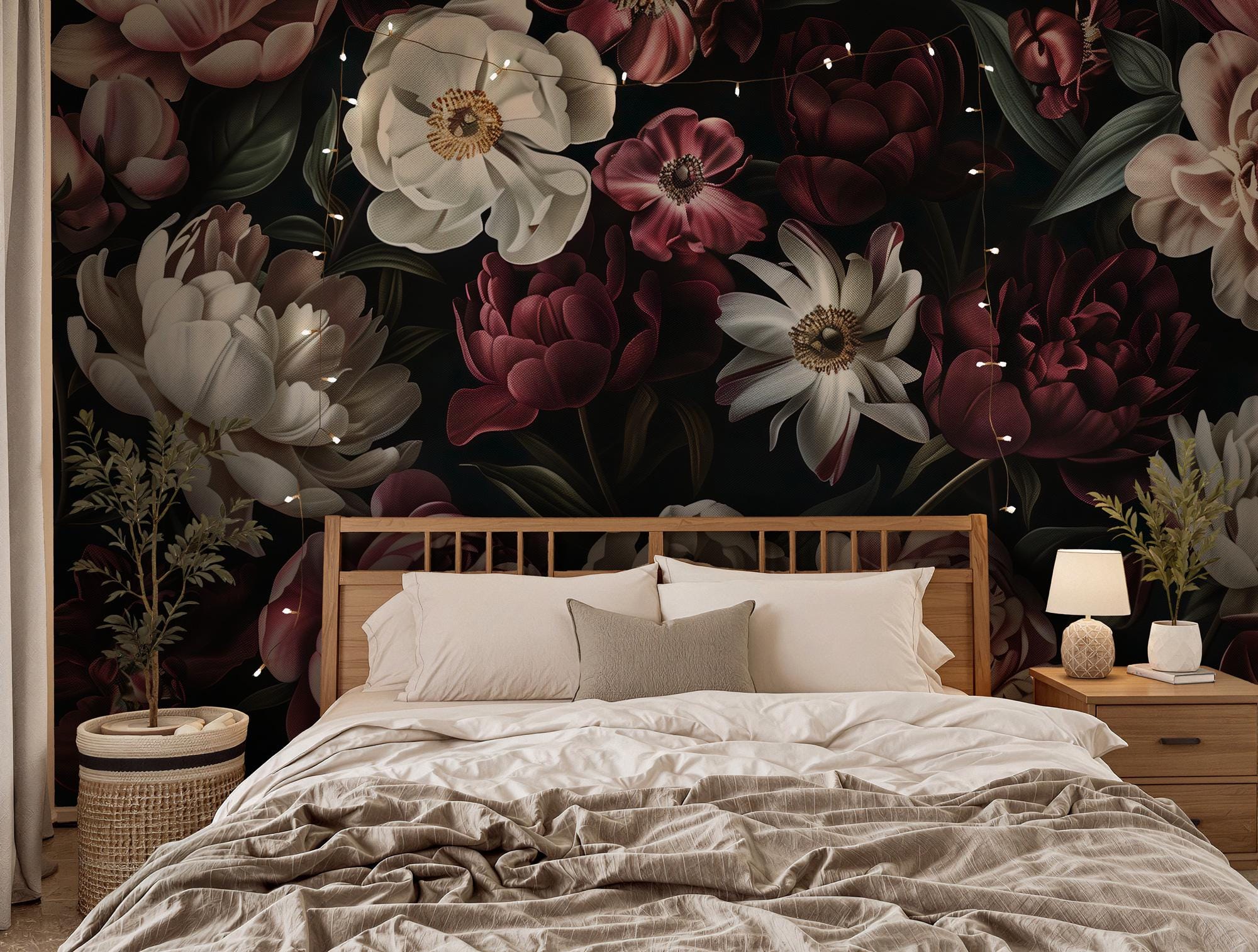 Dark Floral Wall Mural, Vintage Botanical Peel and Stick Wallpaper - View 3