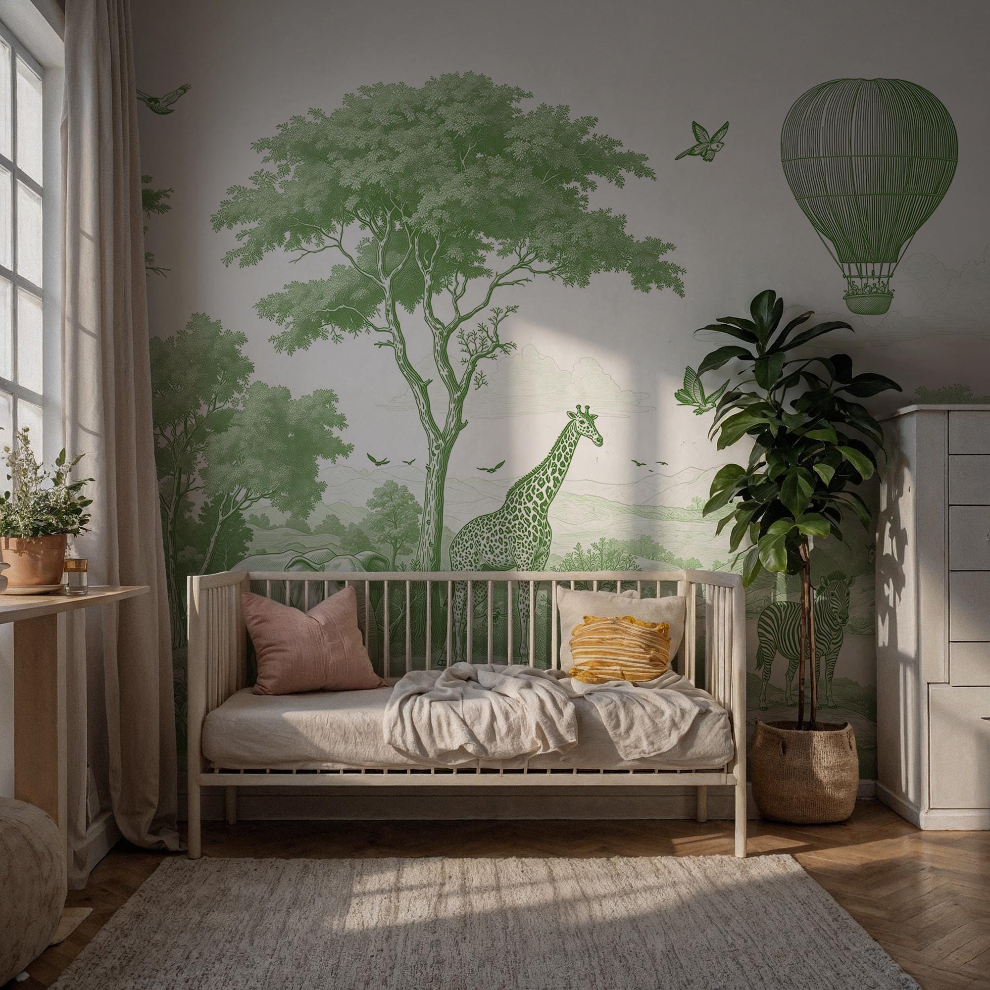 Green & Ivory Safari Toile Peel and Stick Wallpaper Mural - Custom Size - View 2