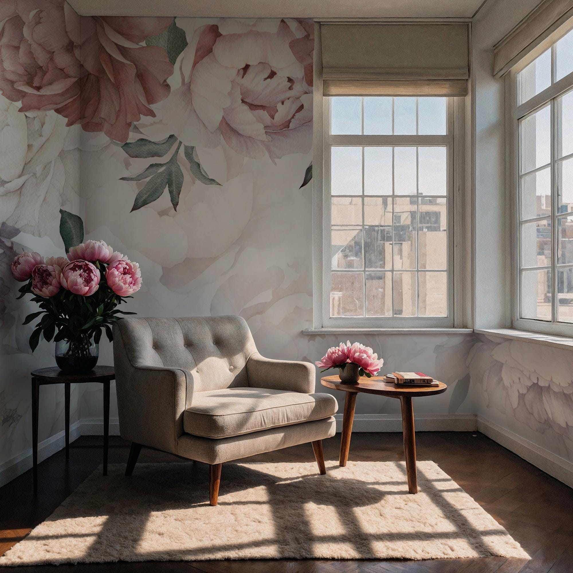 Big Floral Wallpaper: Soft Pink Watercolor Wall Mural, Peel and Stick - View 3