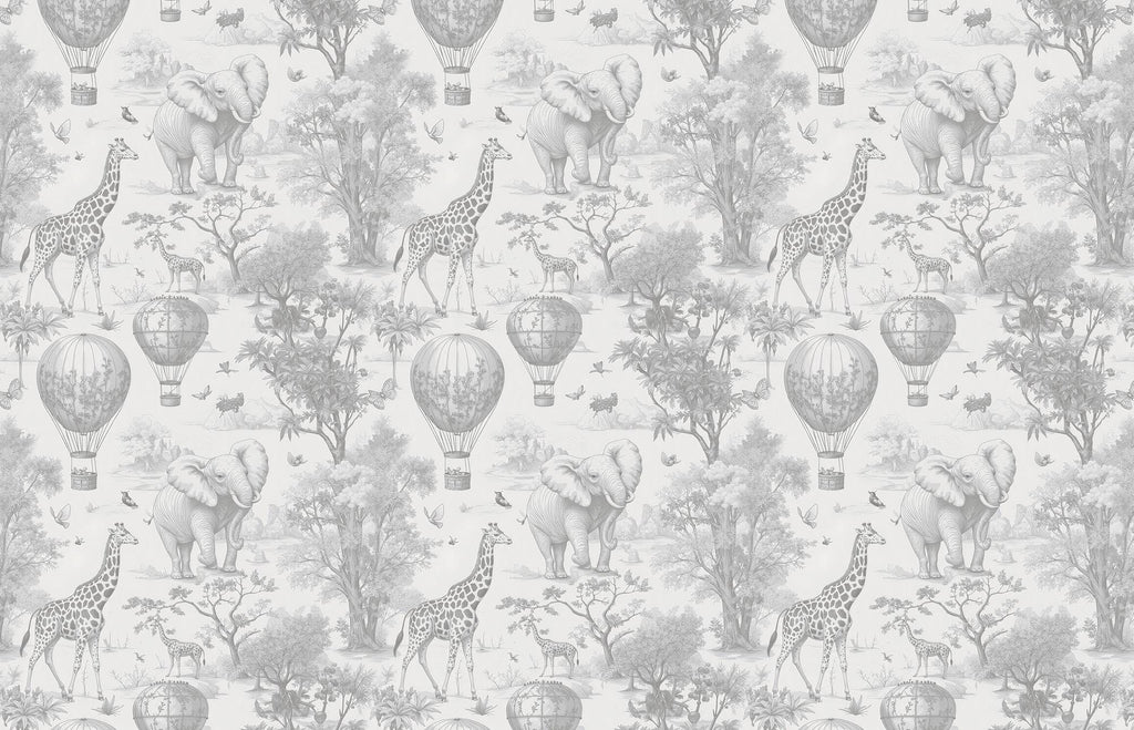 Gray Safari Nursery Wallpaper: Jungle Animals Peel and Stick Mural - View 2