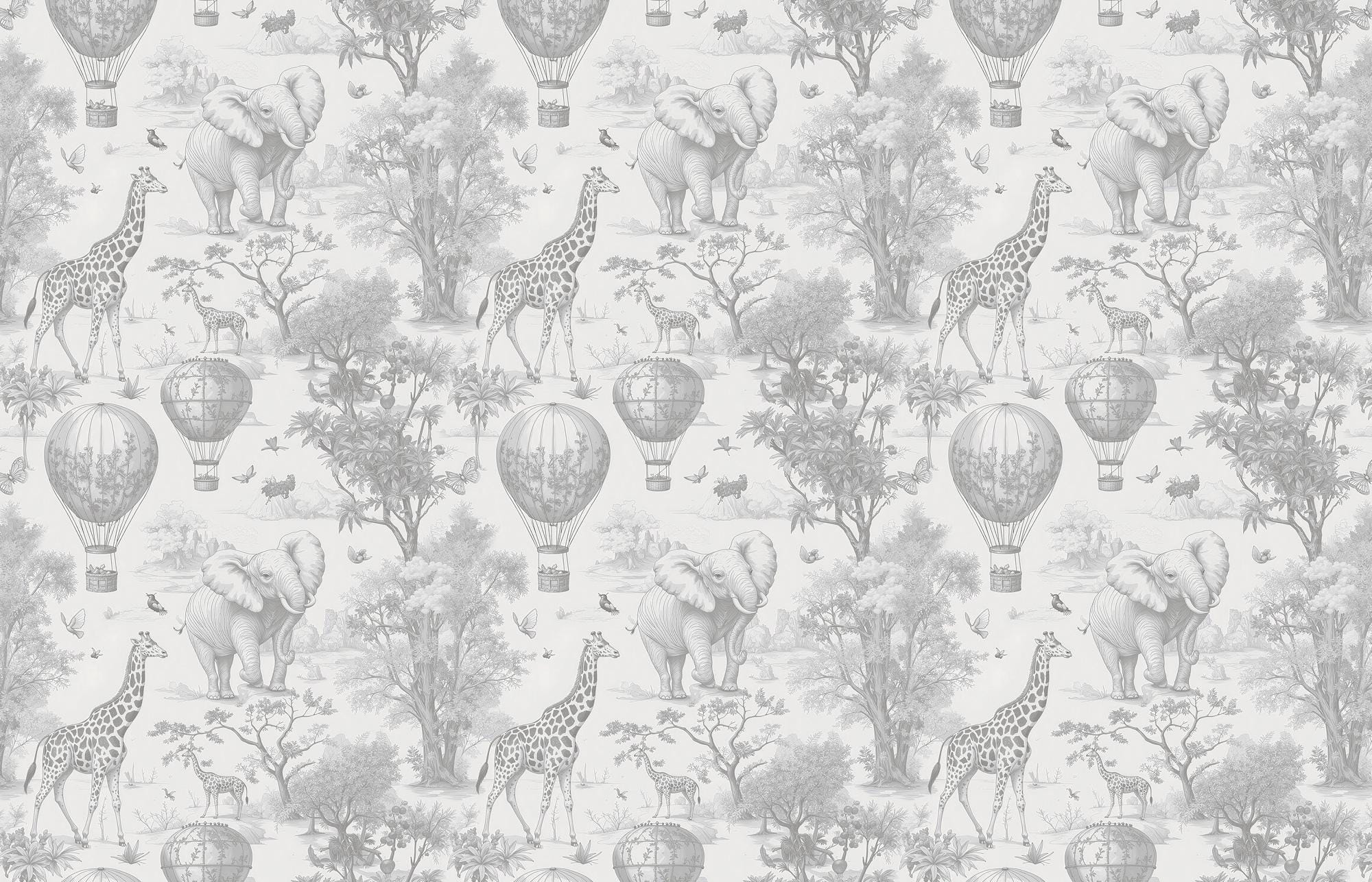 Gray Safari Nursery Wallpaper: Jungle Animals Peel and Stick Mural - View 2