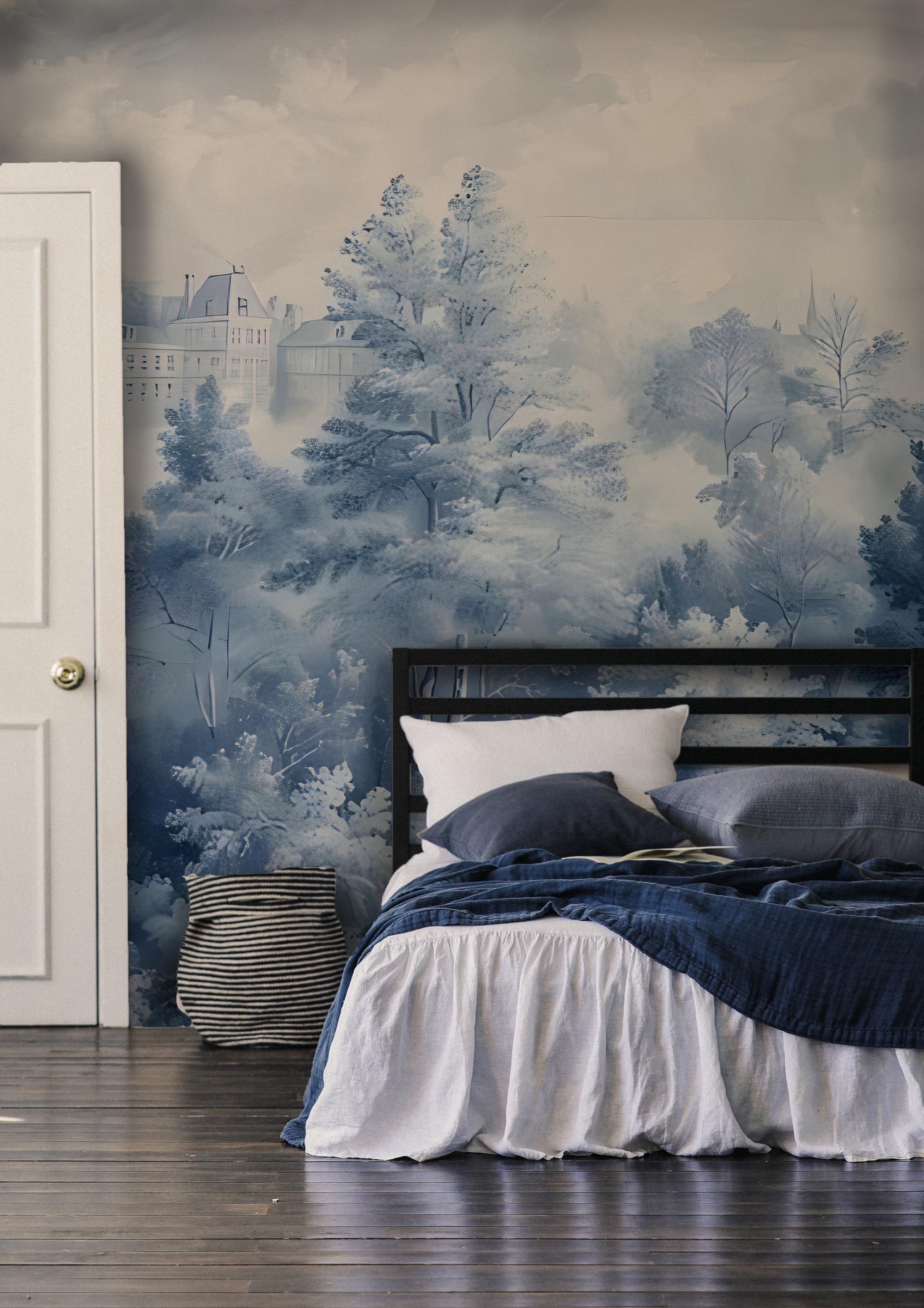 Blue Toile de Jouy Peel and Stick Wallpaper, Romantic European Forest Wall Mural - View 2