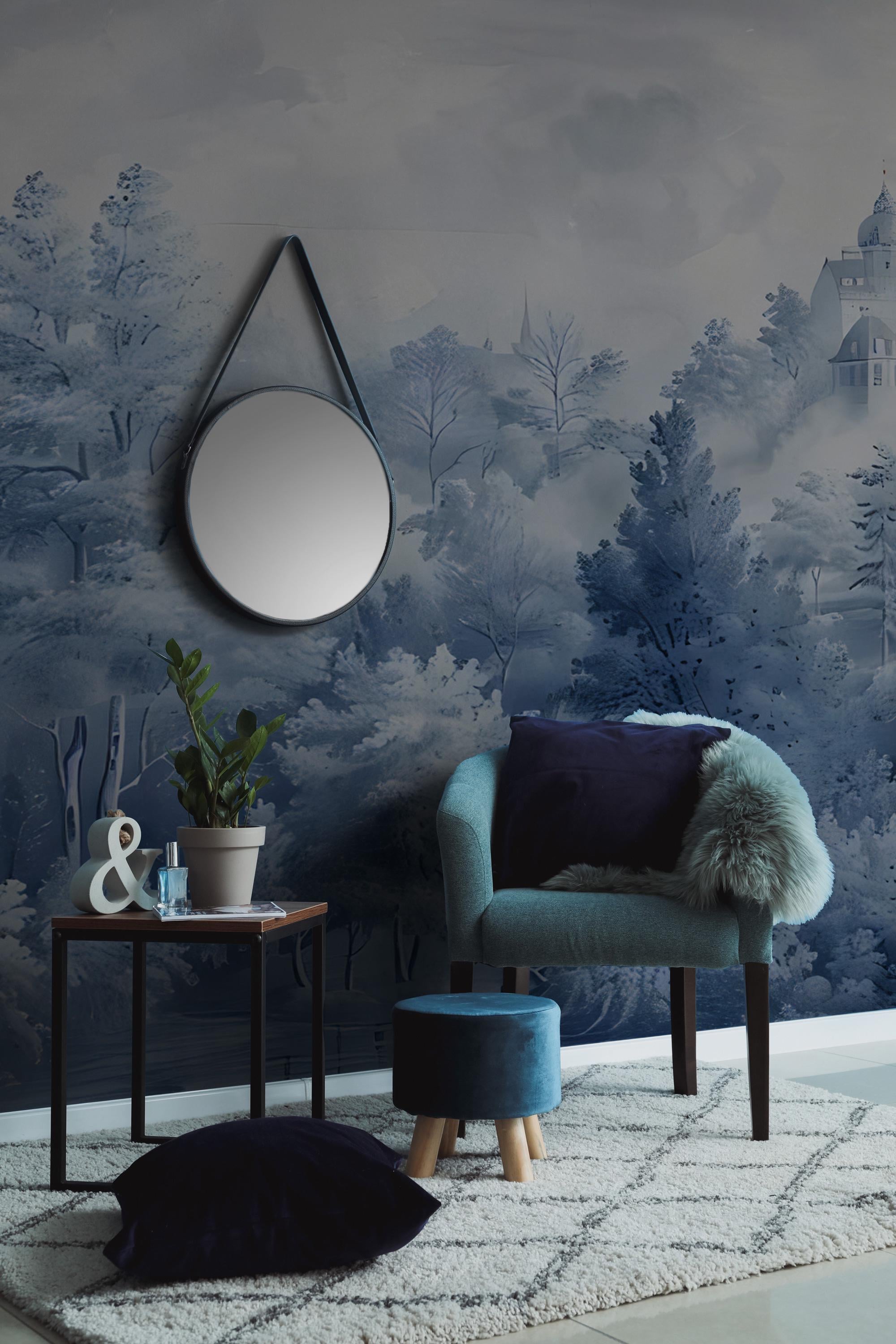 Blue Toile de Jouy Peel and Stick Wallpaper, Romantic European Forest Wall Mural - View 4