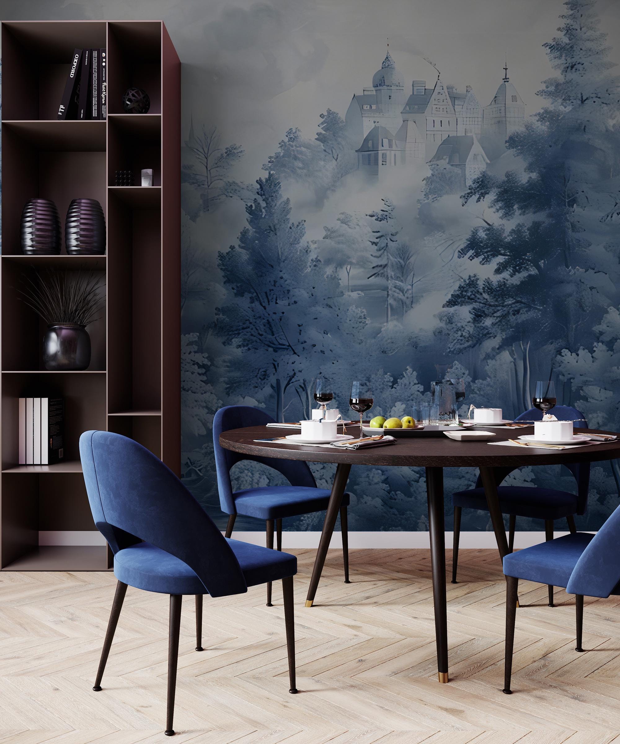 Blue Toile de Jouy Peel and Stick Wallpaper, Romantic European Forest Wall Mural - View 3