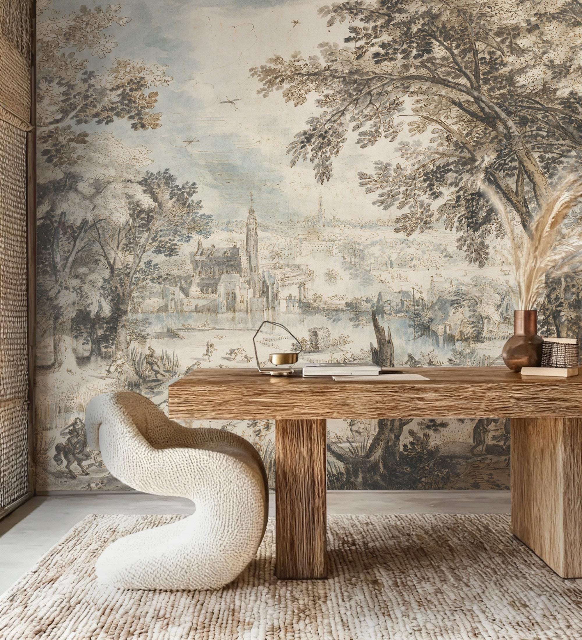 Antique European Landscape Wallpaper Mural, Historic Countryside Peel and Stick Wall Art