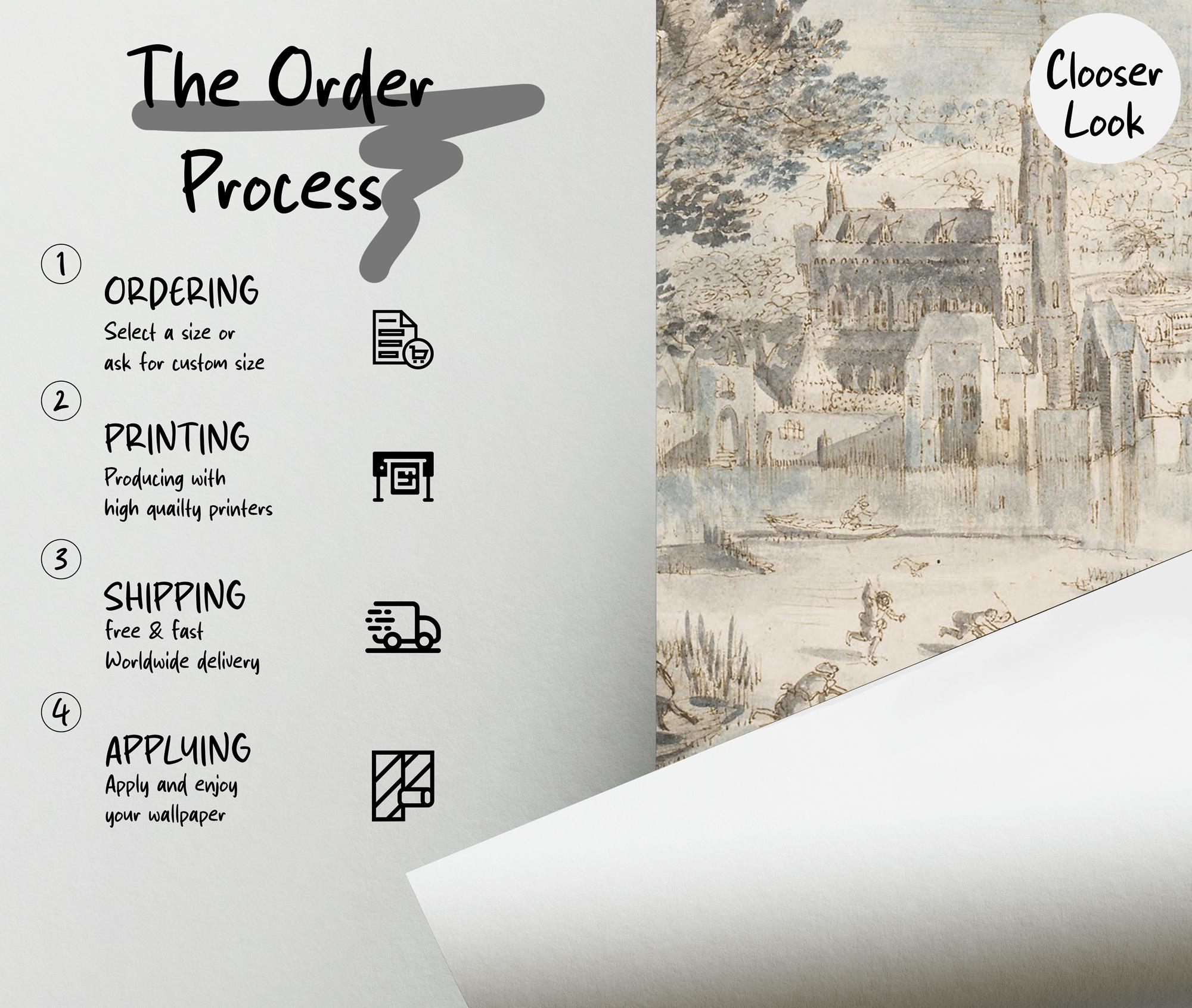 Antique European Landscape Wallpaper Mural, Historic Countryside Peel and Stick Wall Art - View 5