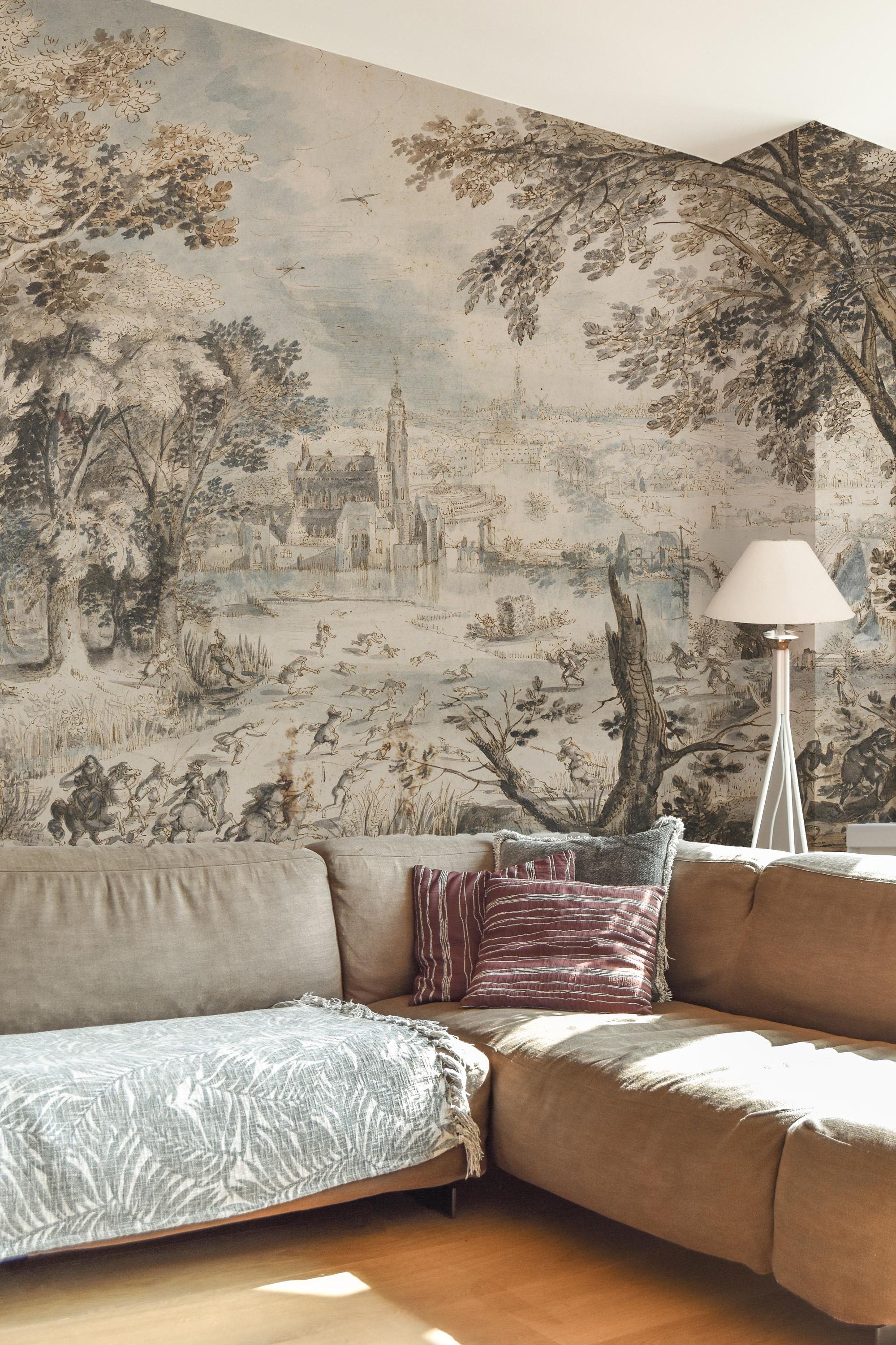 Antique European Landscape Wallpaper Mural, Historic Countryside Peel and Stick Wall Art - View 2