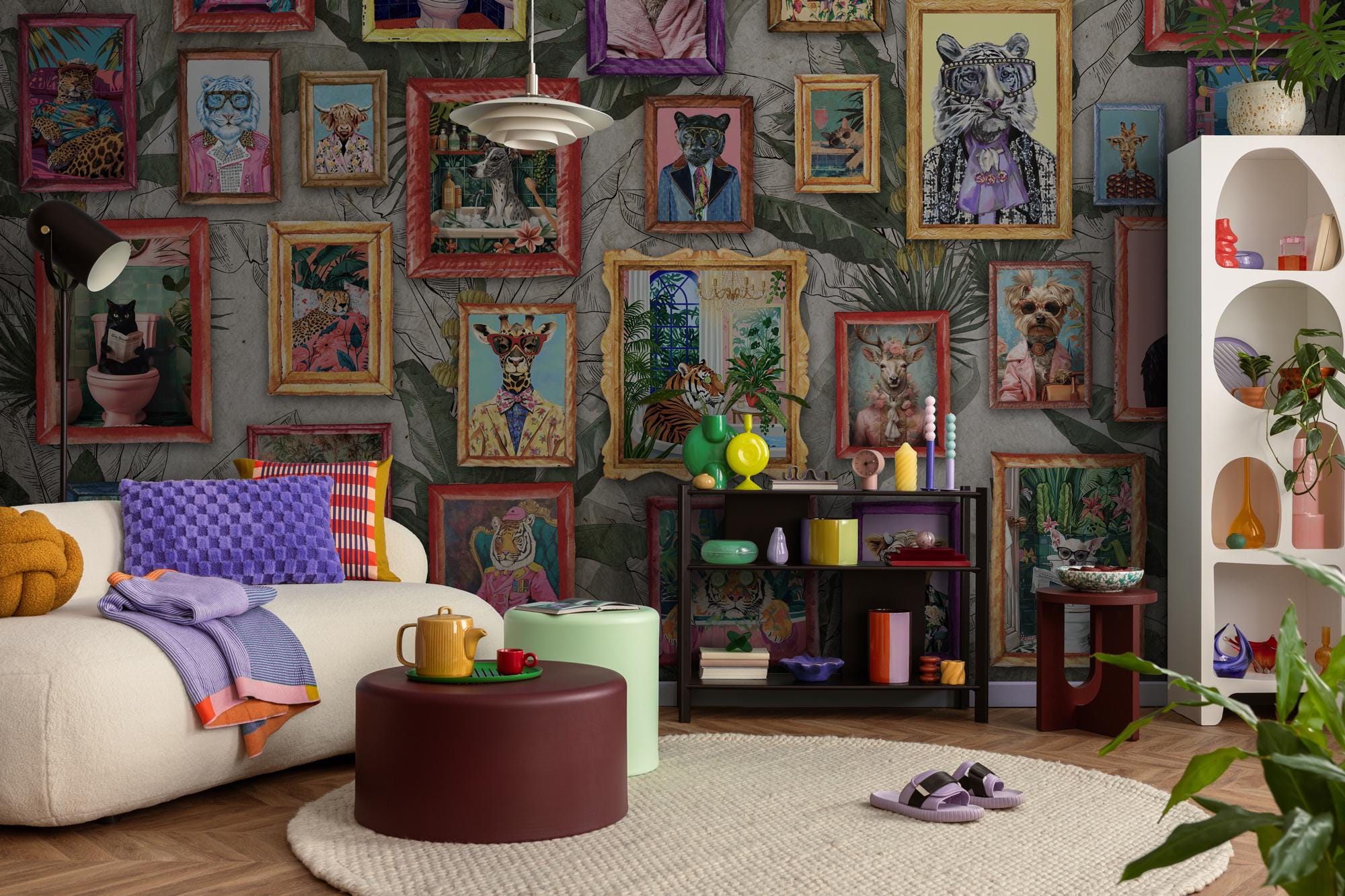 Retro Animal Portrait Wallpaper, Colorful Maximalist Peel and Stick Wall Art - View 2