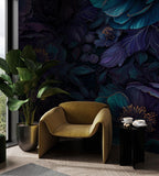 Deep Teal & Purple Floral Wallpaper: Dark Moody Botanical Peel and Stick Wall Mural - View 3