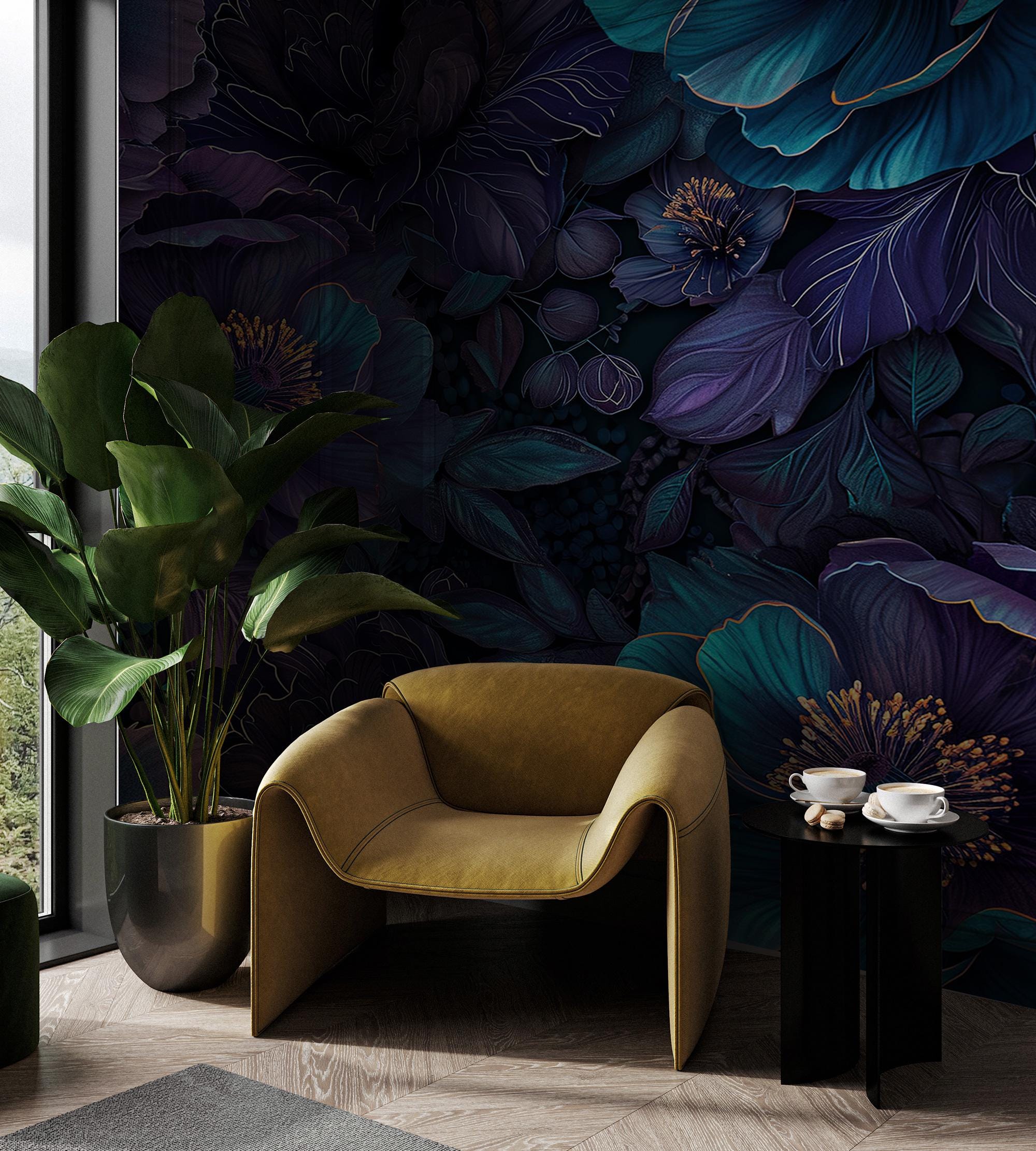 Deep Teal & Purple Floral Wallpaper: Dark Moody Botanical Peel and Stick Wall Mural - View 3