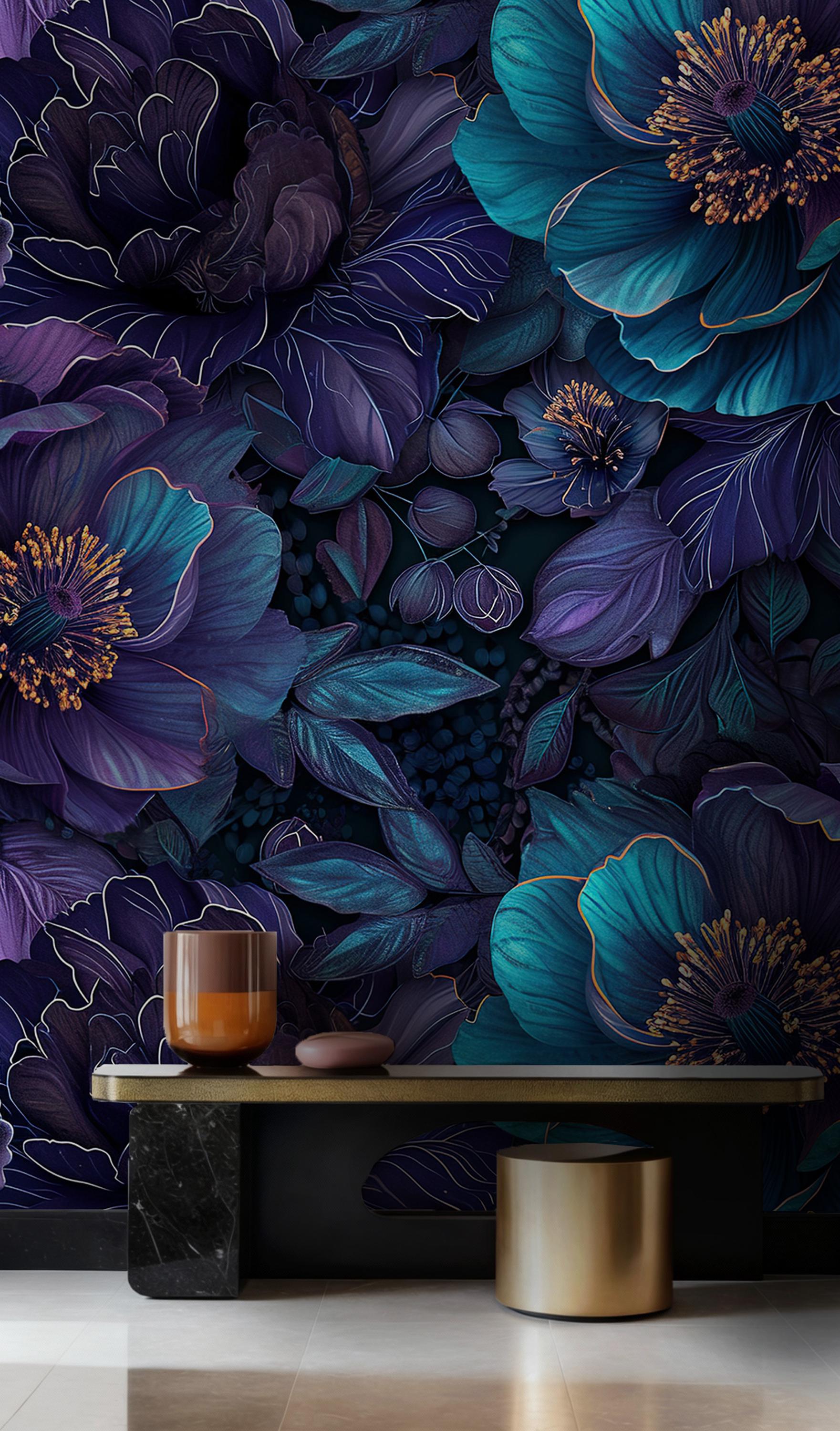 Deep Teal & Purple Floral Wallpaper: Dark Moody Botanical Peel and Stick Wall Mural - View 2