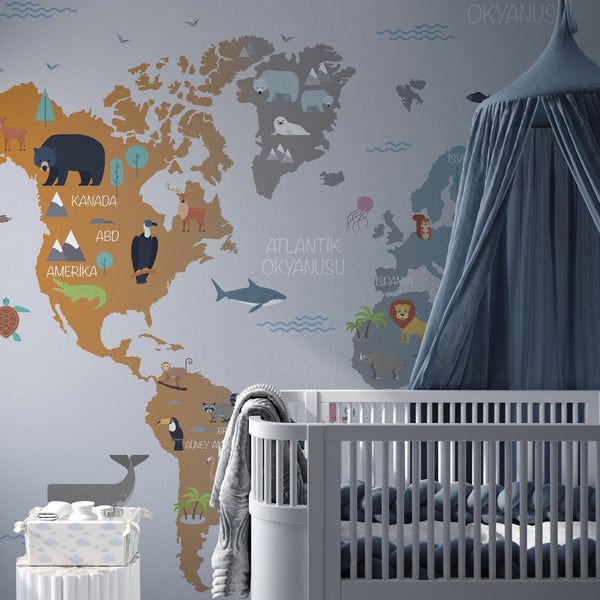 Kids World Map With Animals Custom Size Wallpaper, Nursey Geography Map Wall Mural