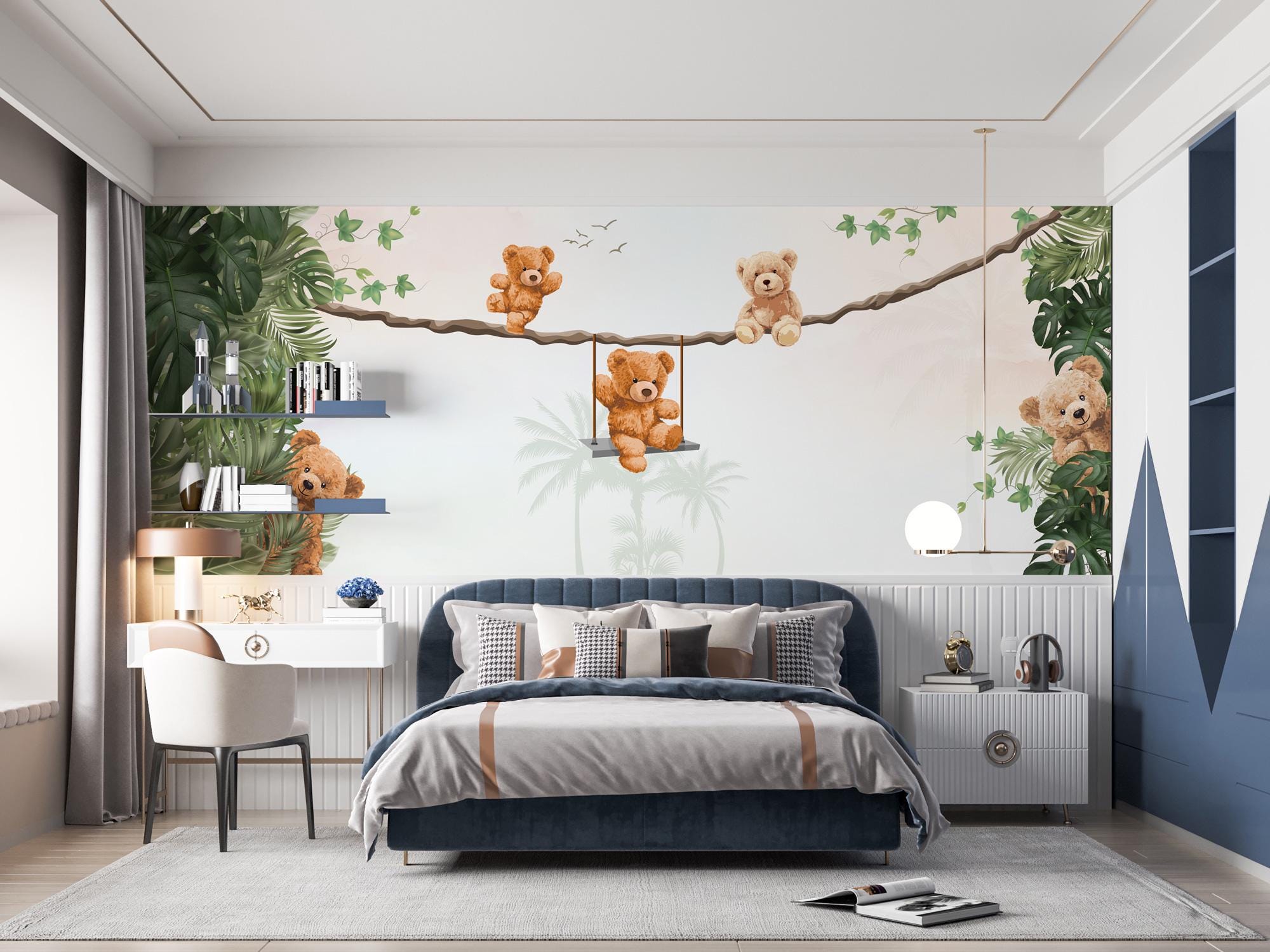 Teddy Bear Nursery  Mural, Baby Bear Kids Room Decor, Custom Size Peel & Stick Wallpaper - View 4