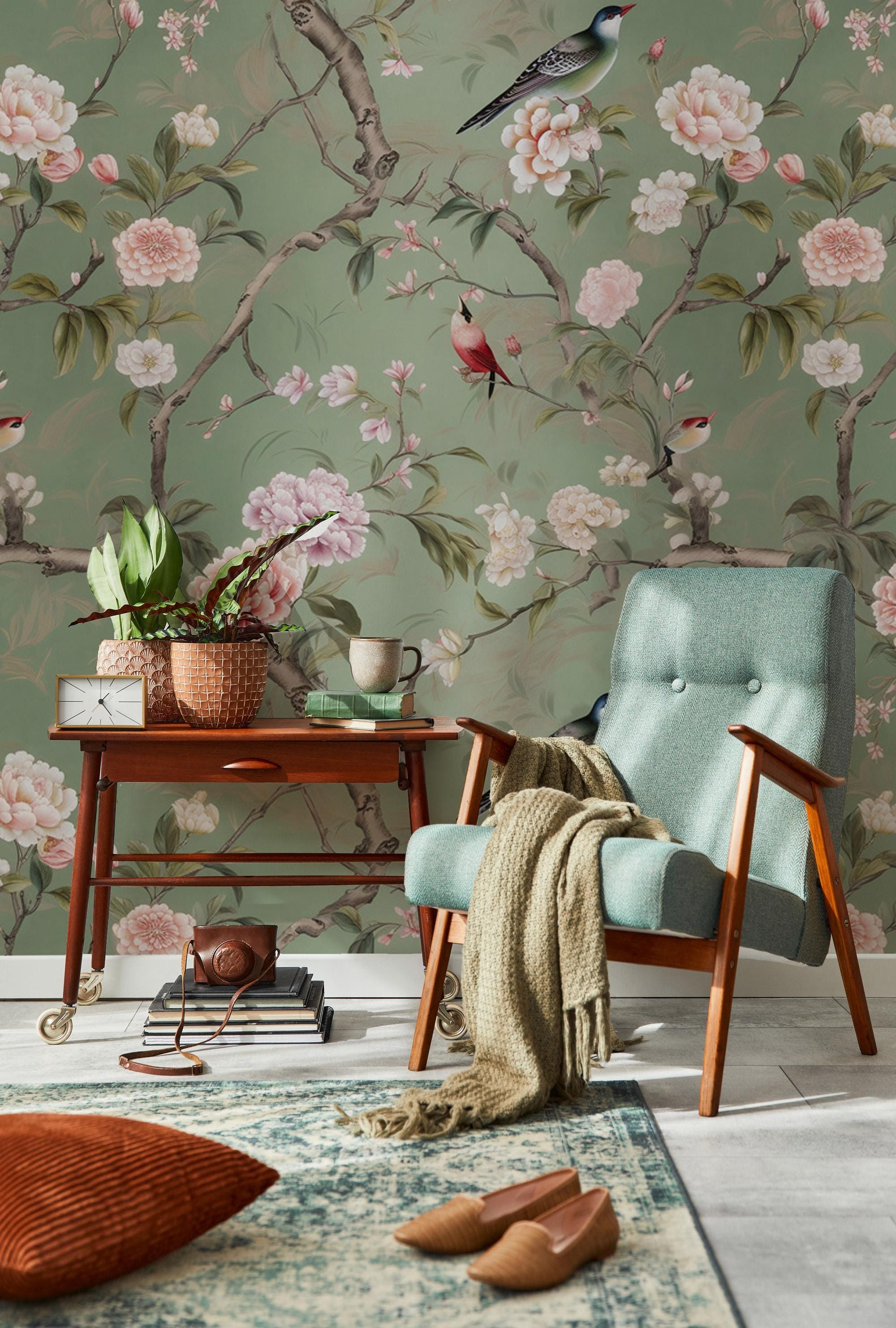 Vintage Green Chinoiserie Wallpaper : Birds & Blossoms Asian Wall Mural - View 2