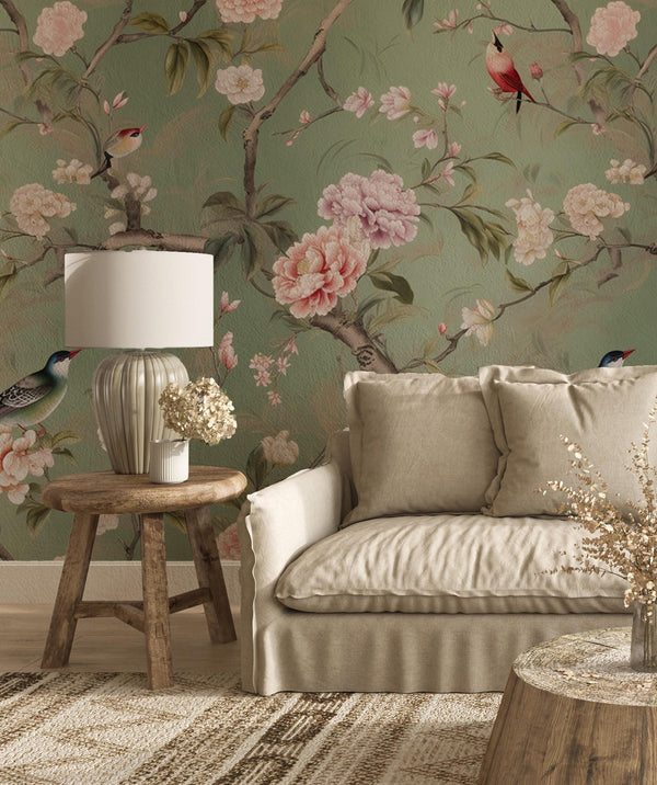 Vintage Green Chinoiserie Wallpaper : Birds & Blossoms Asian Wall Mural