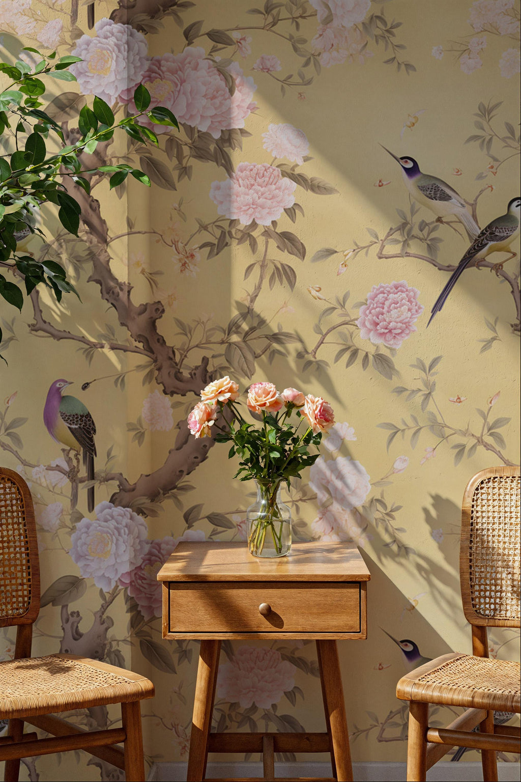 Chinoiserie Floral Peel and Stick Wallpaper: Birds & Blossoms Wall Mural