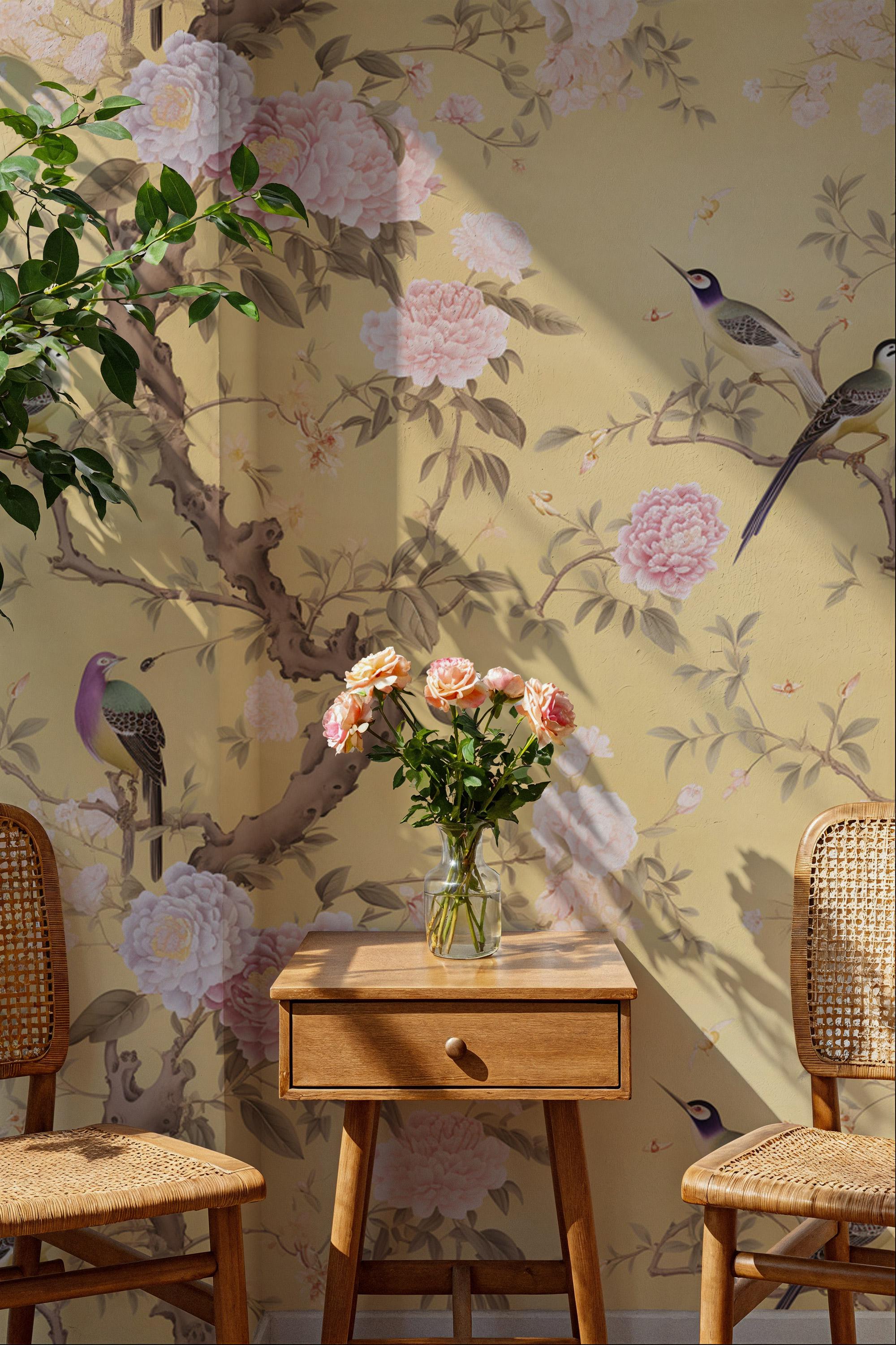 Chinoiserie Floral Peel and Stick Wallpaper: Birds & Blossoms Wall Mural