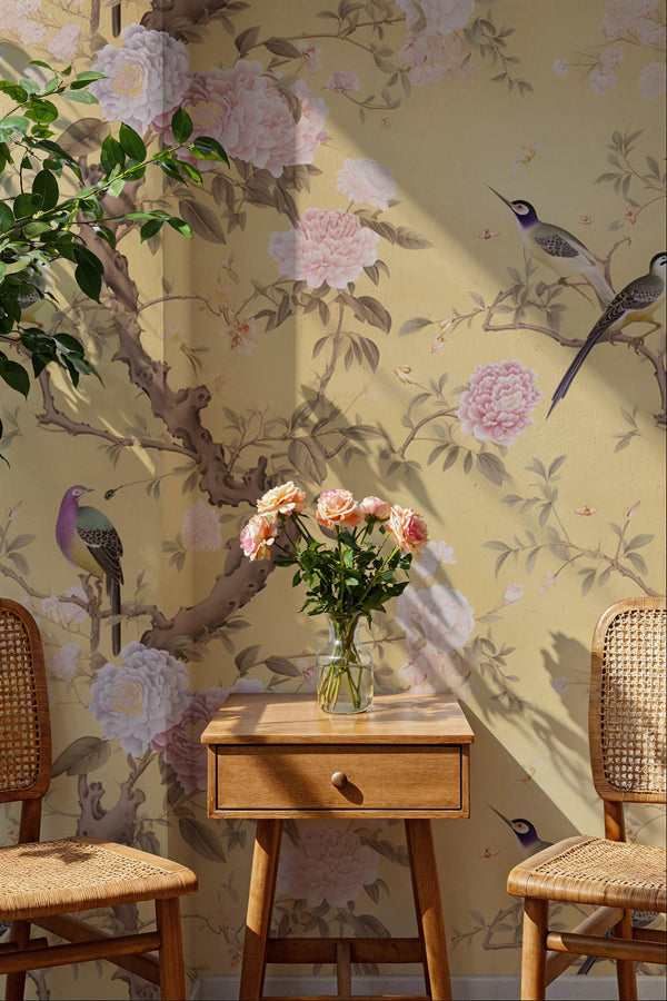 Chinoiserie Floral Peel and Stick Wallpaper: Birds & Blossoms Wall Mural