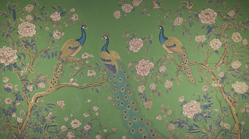 Peacock Chinoiserie Wallpaper: Vintage Floral Green Wall Mural