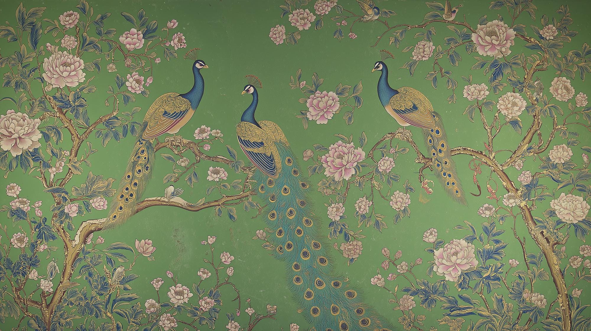 Peacock Chinoiserie Wallpaper: Vintage Floral Green Wall Mural