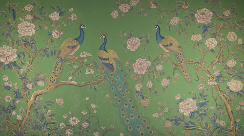 Peacock Chinoiserie Wallpaper: Vintage Floral Green Wall Mural