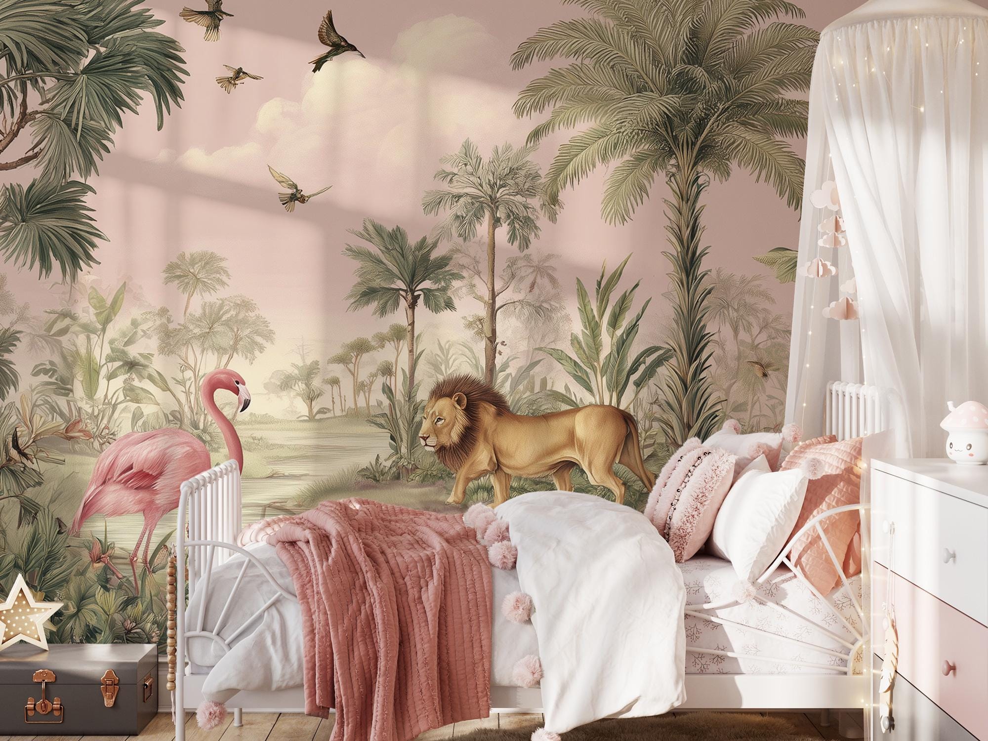 Pink Safari Peel and Stick Wallpaper, Jungle Animals Kids Room Mural - View 3