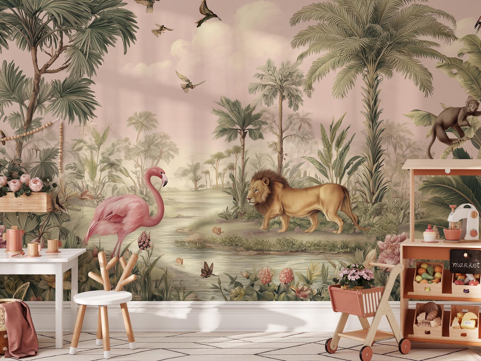 Pink Safari Peel and Stick Wallpaper, Jungle Animals Kids Room Mural - View 2
