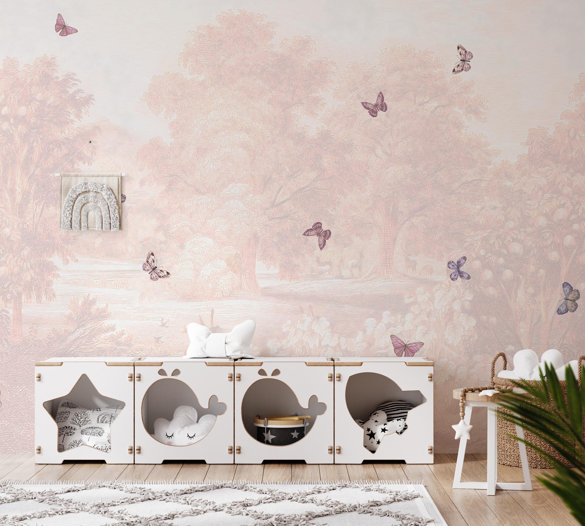 Pastel Butterfly Nursery Mural: Soft Pink Scenic Wallpaper - View 3