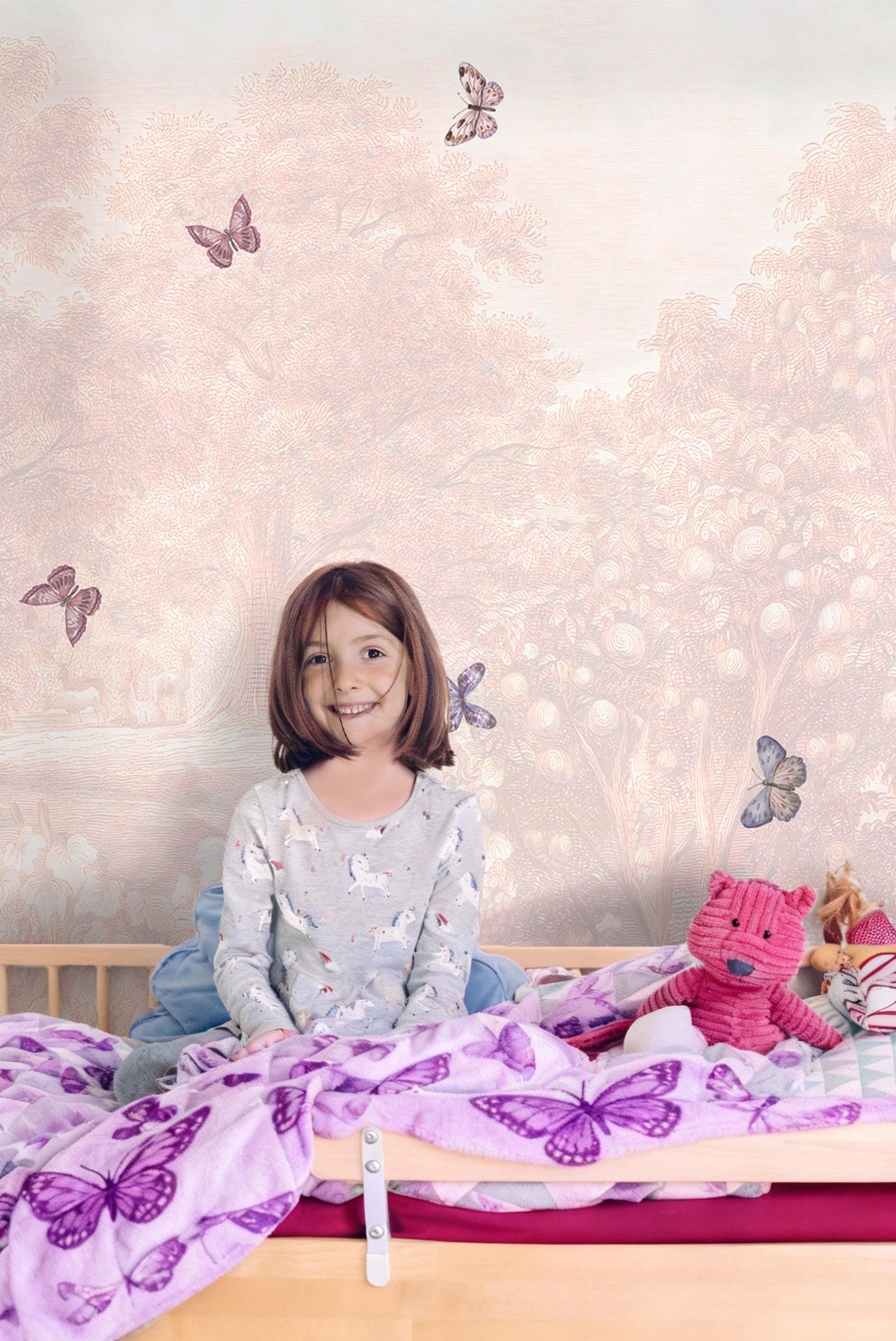Pastel Butterfly Nursery Mural: Soft Pink Scenic Wallpaper - View 2