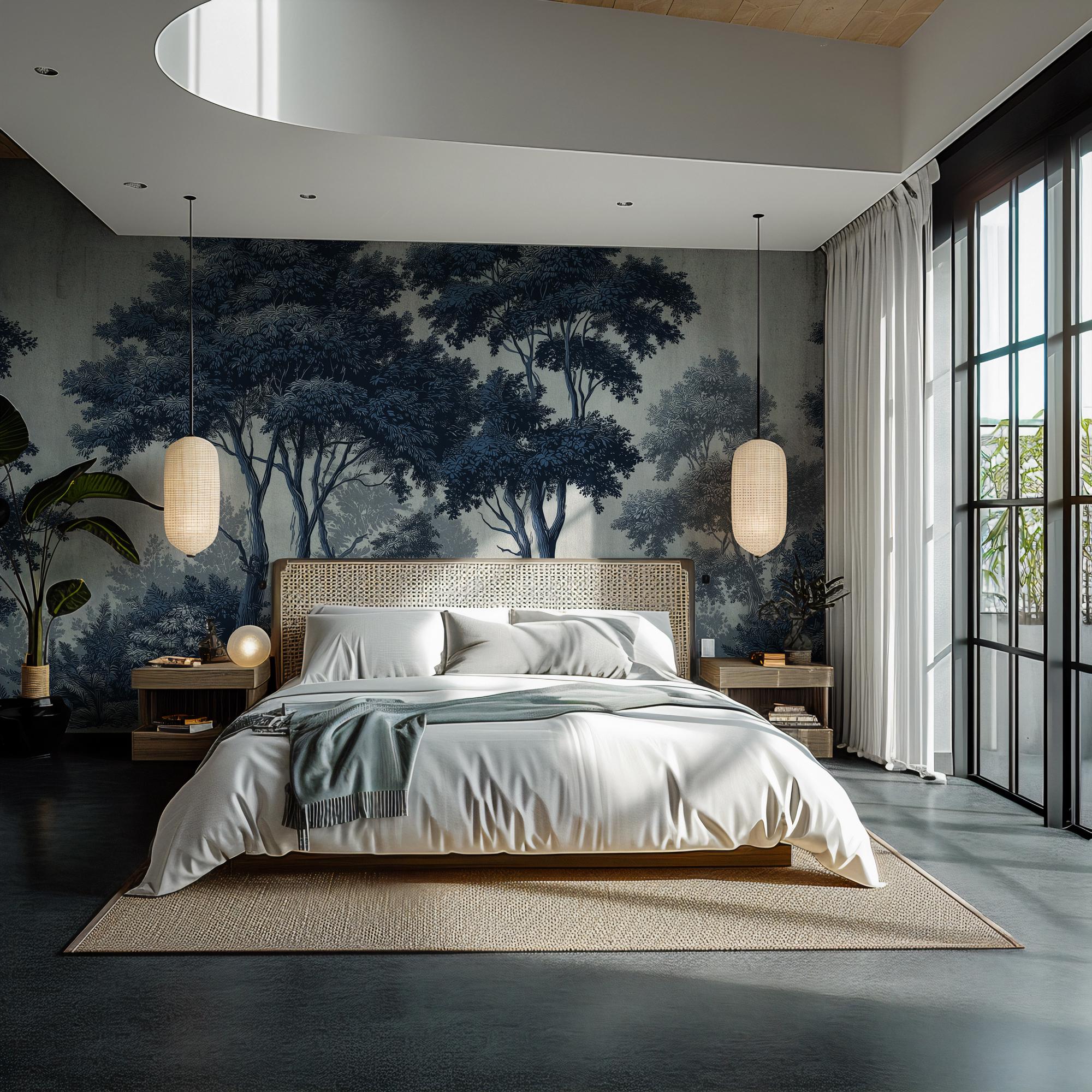 Dark Blue Forest Peel and Stick Wallpaper: Big Tree Custom Size Wall Mural
