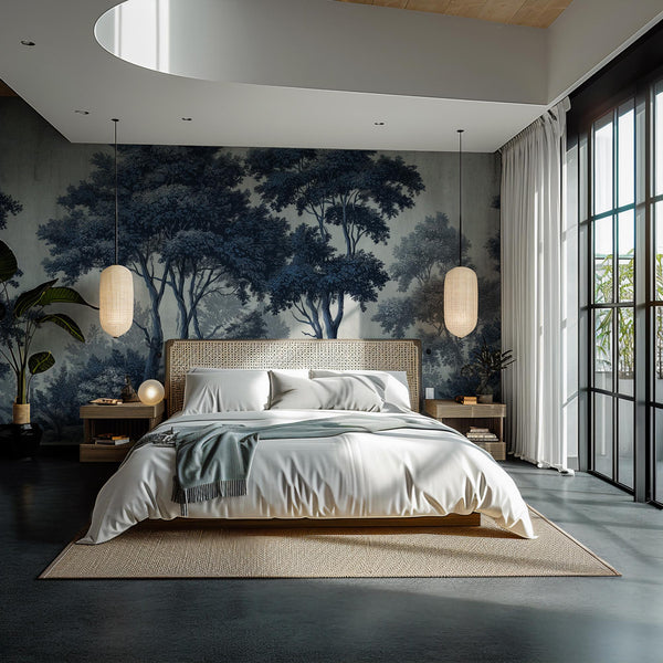 Dark Blue Forest Peel and Stick Wallpaper: Big Tree Custom Size Wall Mural
