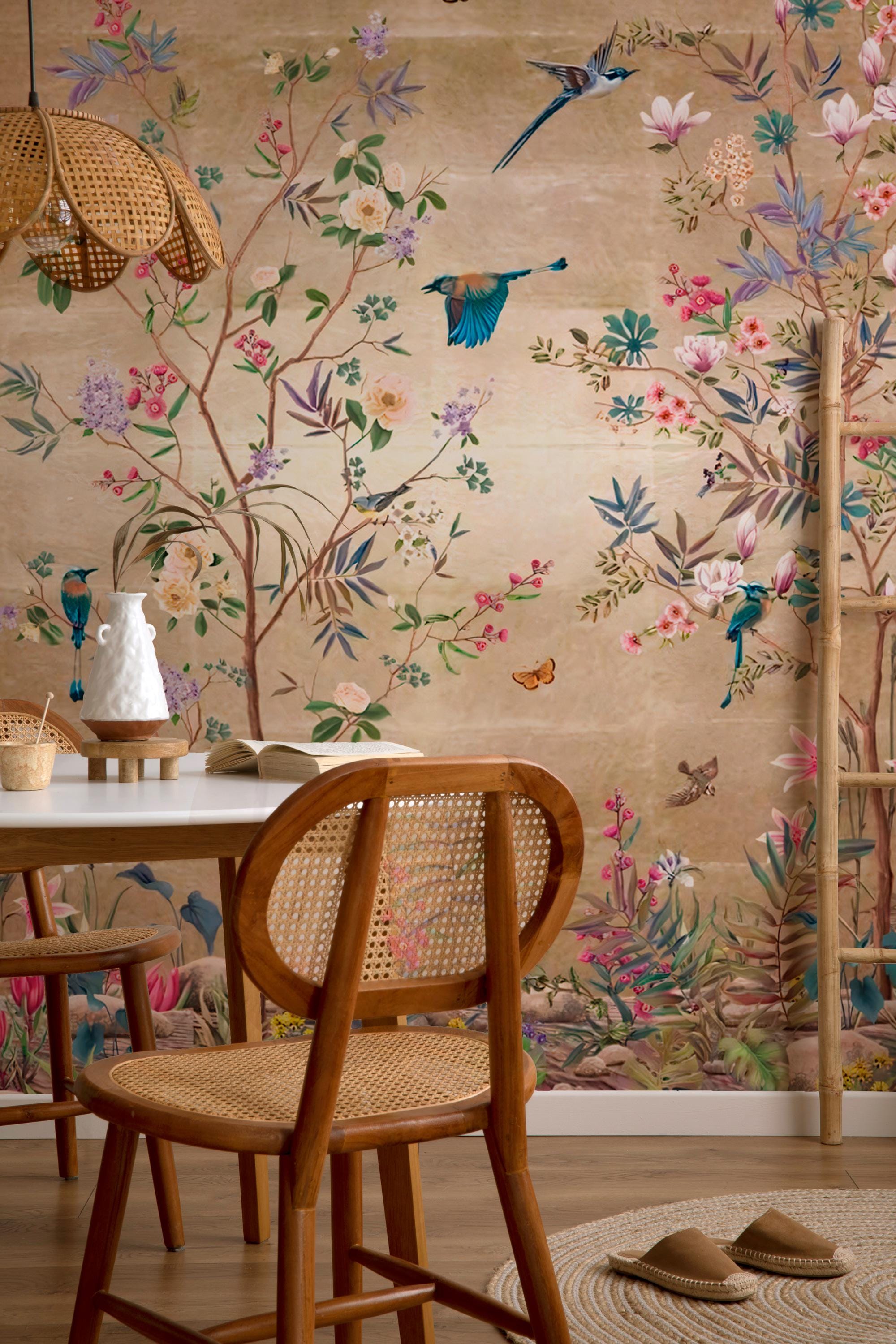 Luxury Gold Mural with Colorful Birds & Flowers: Chinoiserie Nature Wallpaper, Peel and Stick - View 5