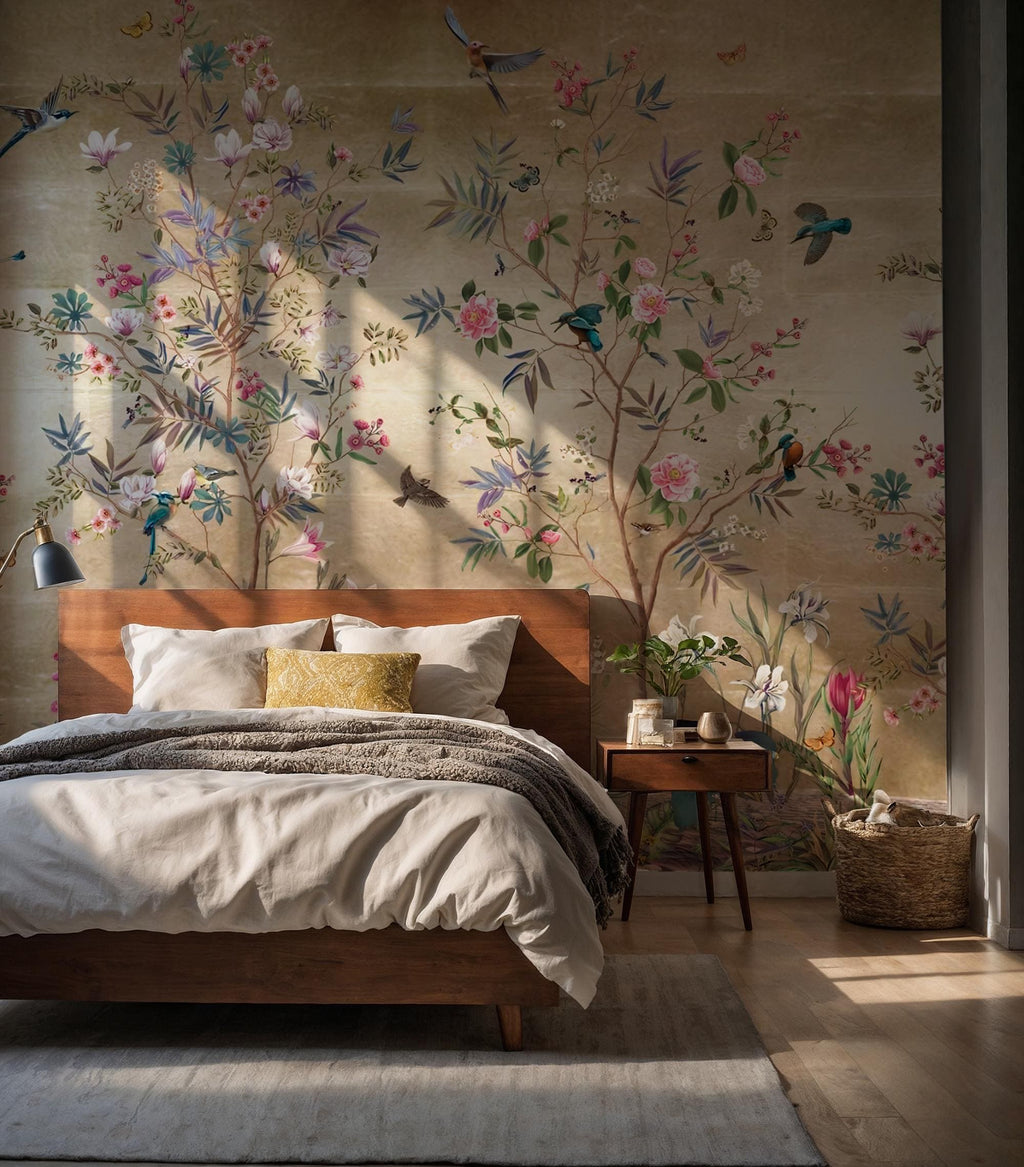 Luxury Gold Mural with Colorful Birds & Flowers: Chinoiserie Nature Wallpaper, Peel and Stick - View 3