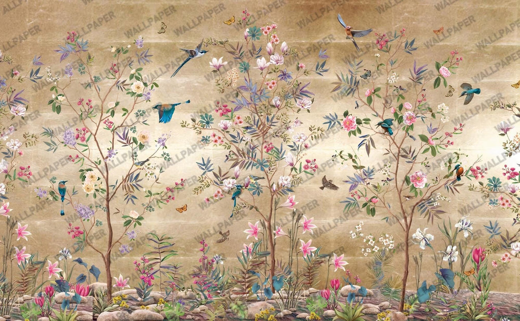 Luxury Gold Mural with Colorful Birds & Flowers: Chinoiserie Nature Wallpaper, Peel and Stick - View 6