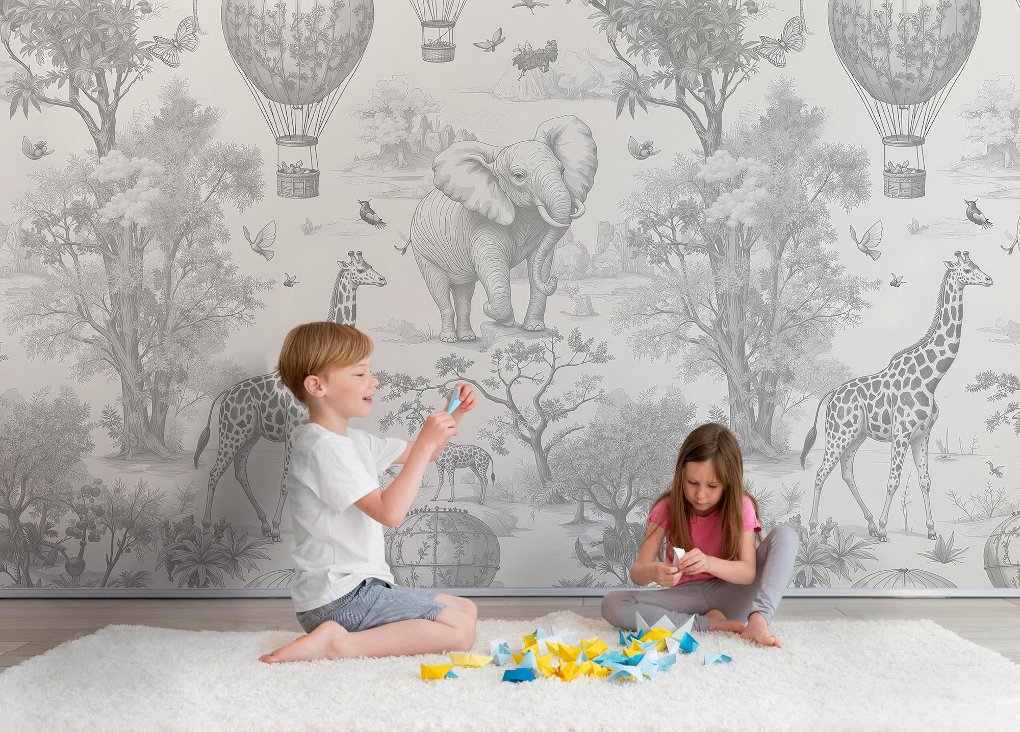 Gray Safari Nursery Wallpaper: Jungle Animals Peel and Stick Mural