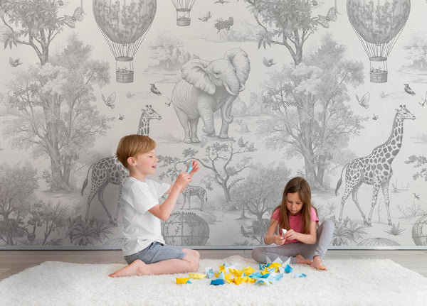 Gray Safari Nursery Wallpaper: Jungle Animals Peel and Stick Mural