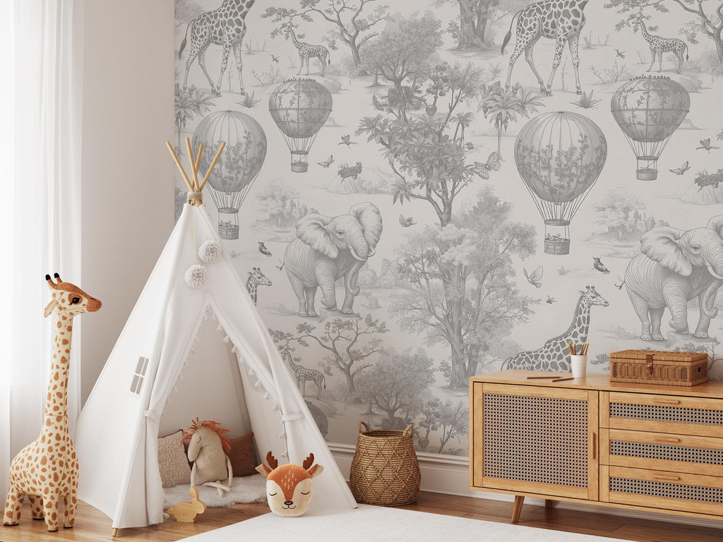 Gray Safari Nursery Wallpaper: Jungle Animals Peel and Stick Mural - View 4