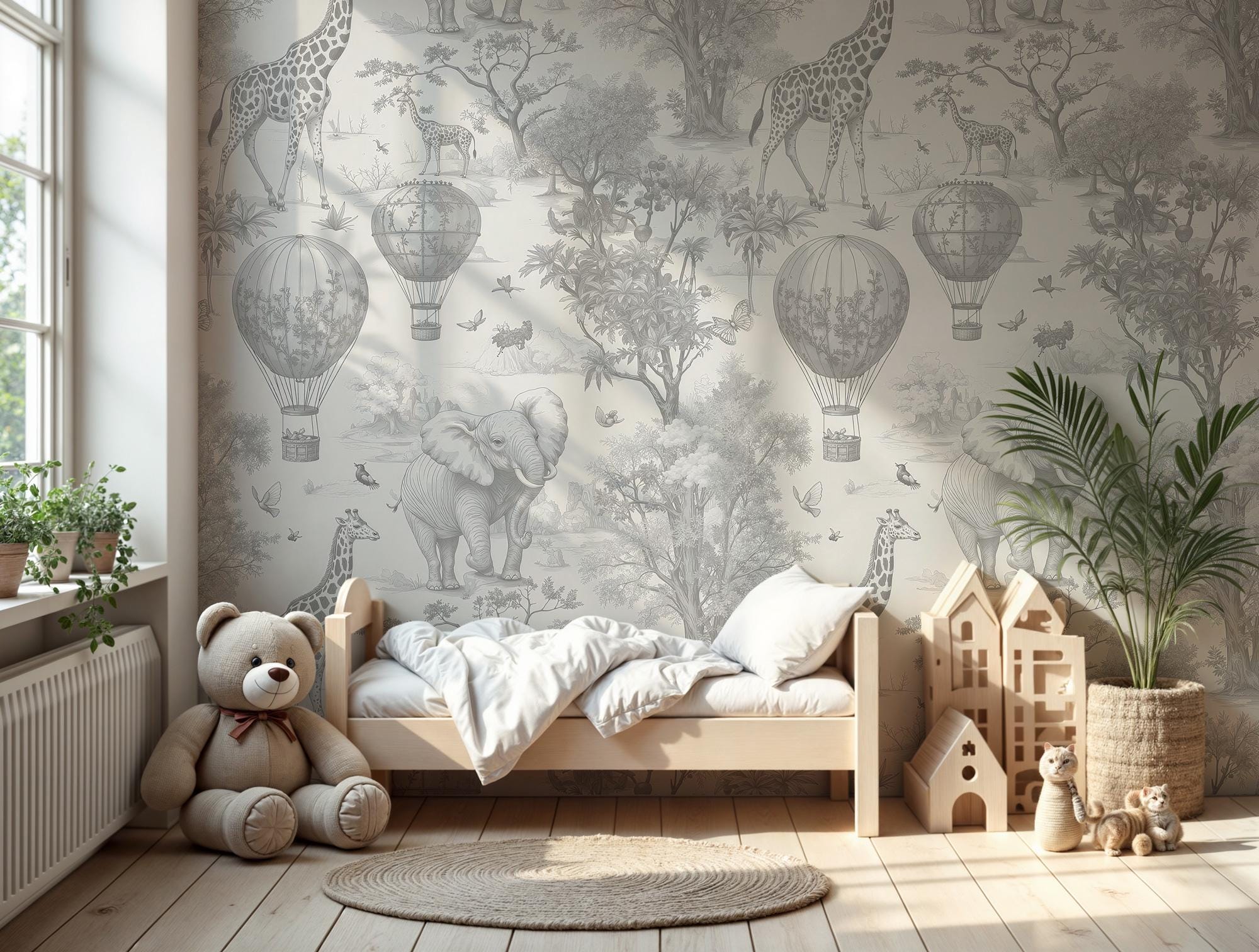 Gray Safari Nursery Wallpaper: Jungle Animals Peel and Stick Mural - View 5