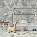 Gray Safari Nursery Wallpaper: Jungle Animals Peel and Stick Mural - View 3