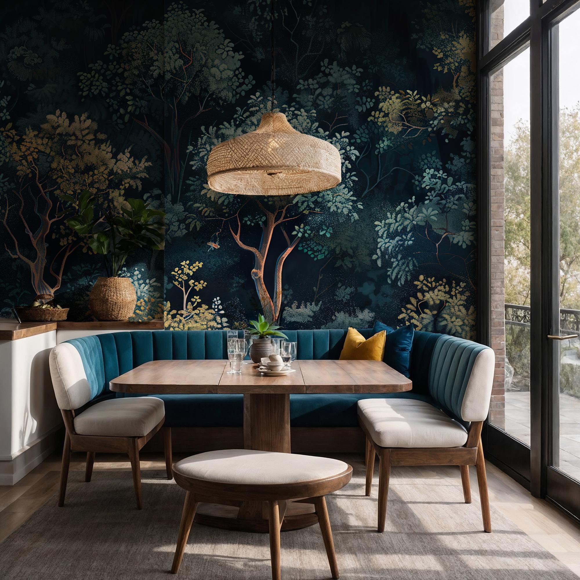 Artistic Forest Wallpaper, Dark Botanical Tree Pattern, Moody Modern Vintage Peel and Stick Wallpaper - View 3