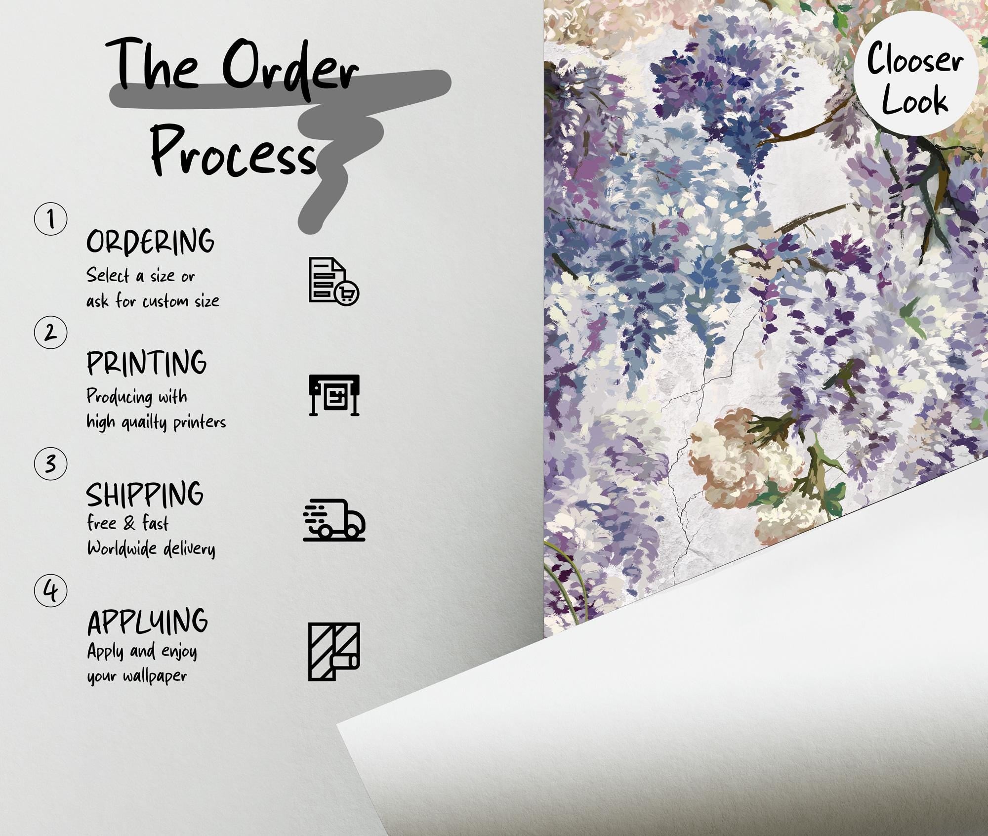 Wisteria Floral Wallpaper, Romantic Soft Pastel Flower Decor, Peel & Stick Botanical Wall Mural - View 5