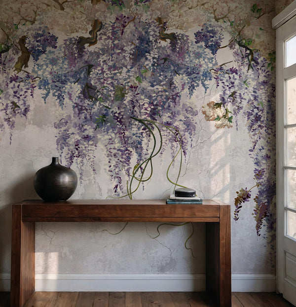 Wisteria Floral Wallpaper, Romantic Soft Pastel Flower Decor, Peel & Stick Botanical Wall Mural