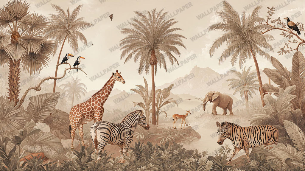 Safari Animals Wallpaper, Jungle Wall Mural, Beige Nursery Decor, Peel and Stick - View 6